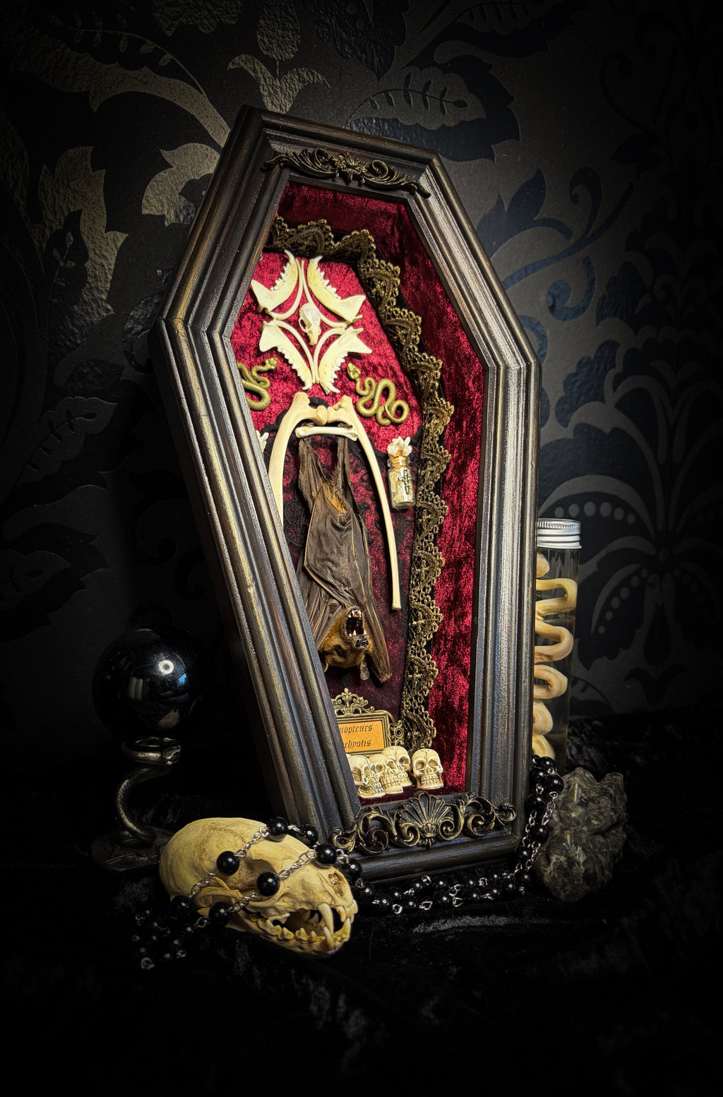 Bat Wooden Coffins — handmade gothic coffin shadowbox, made to order. Handbuilt wooden coffin frame with bat specimen, velvet background, ornate decorations and ritual details. Dark gothic wall and altar decor, made from scratch.