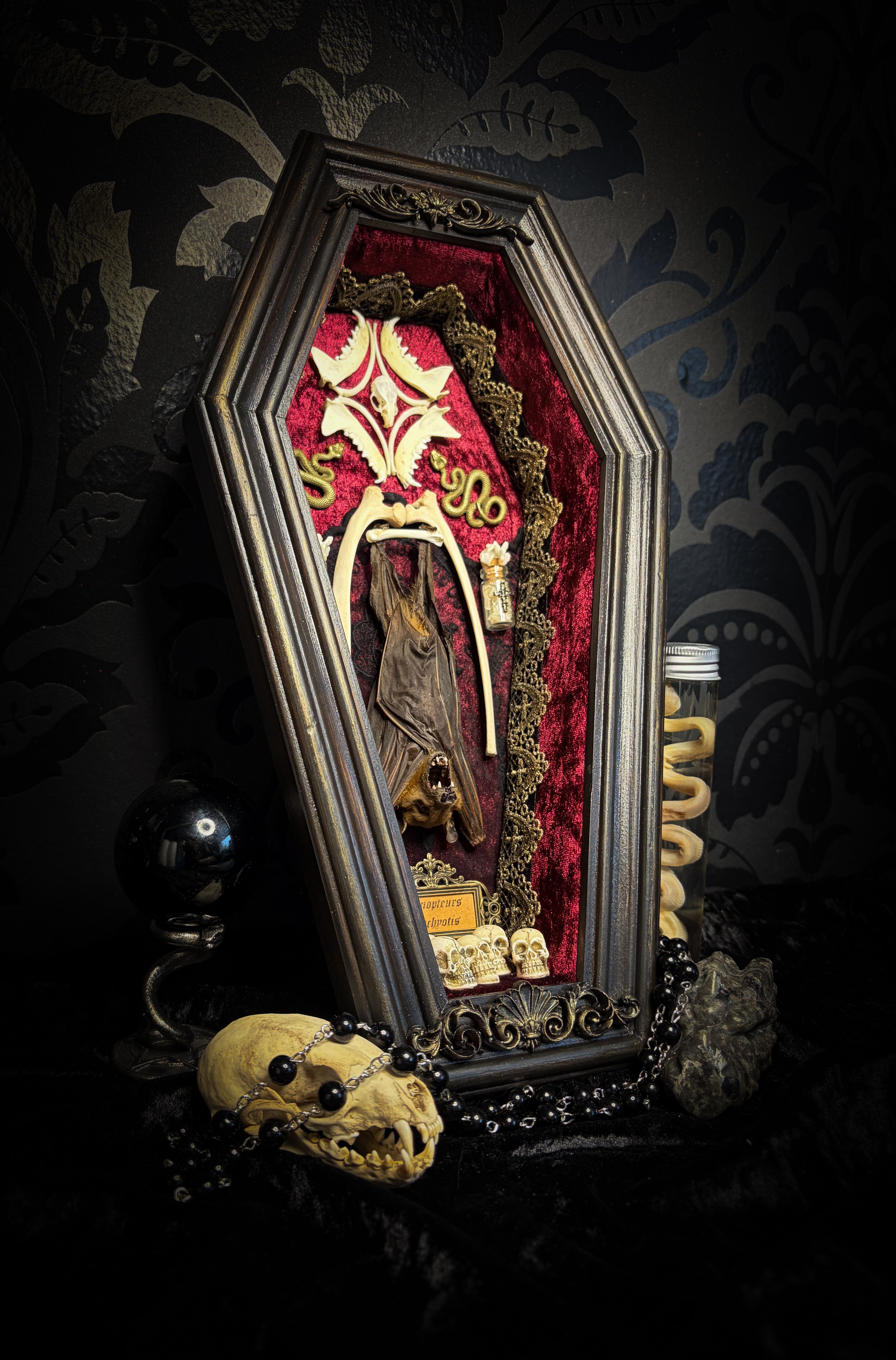 Bat Wooden Coffins — handmade gothic coffin shadowbox, made to order. Handbuilt wooden coffin frame with bat specimen, velvet background, ornate decorations and ritual details. Dark gothic wall and altar decor, made from scratch.