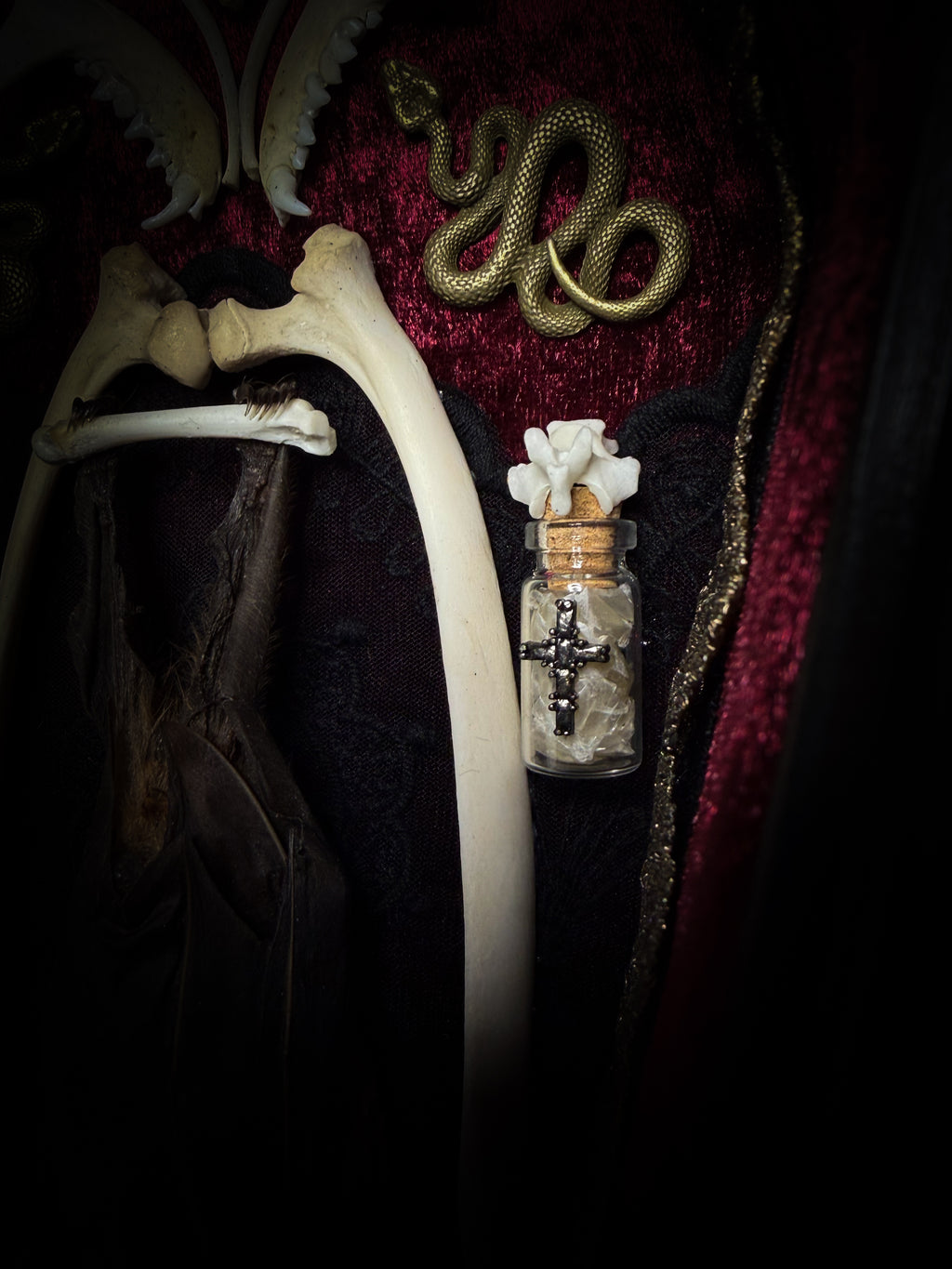 Bat Wooden Coffins — handmade gothic coffin shadowbox, made to order. Handbuilt wooden coffin frame with bat specimen, velvet background, ornate decorations and ritual details. Dark gothic wall and altar decor, made from scratch.