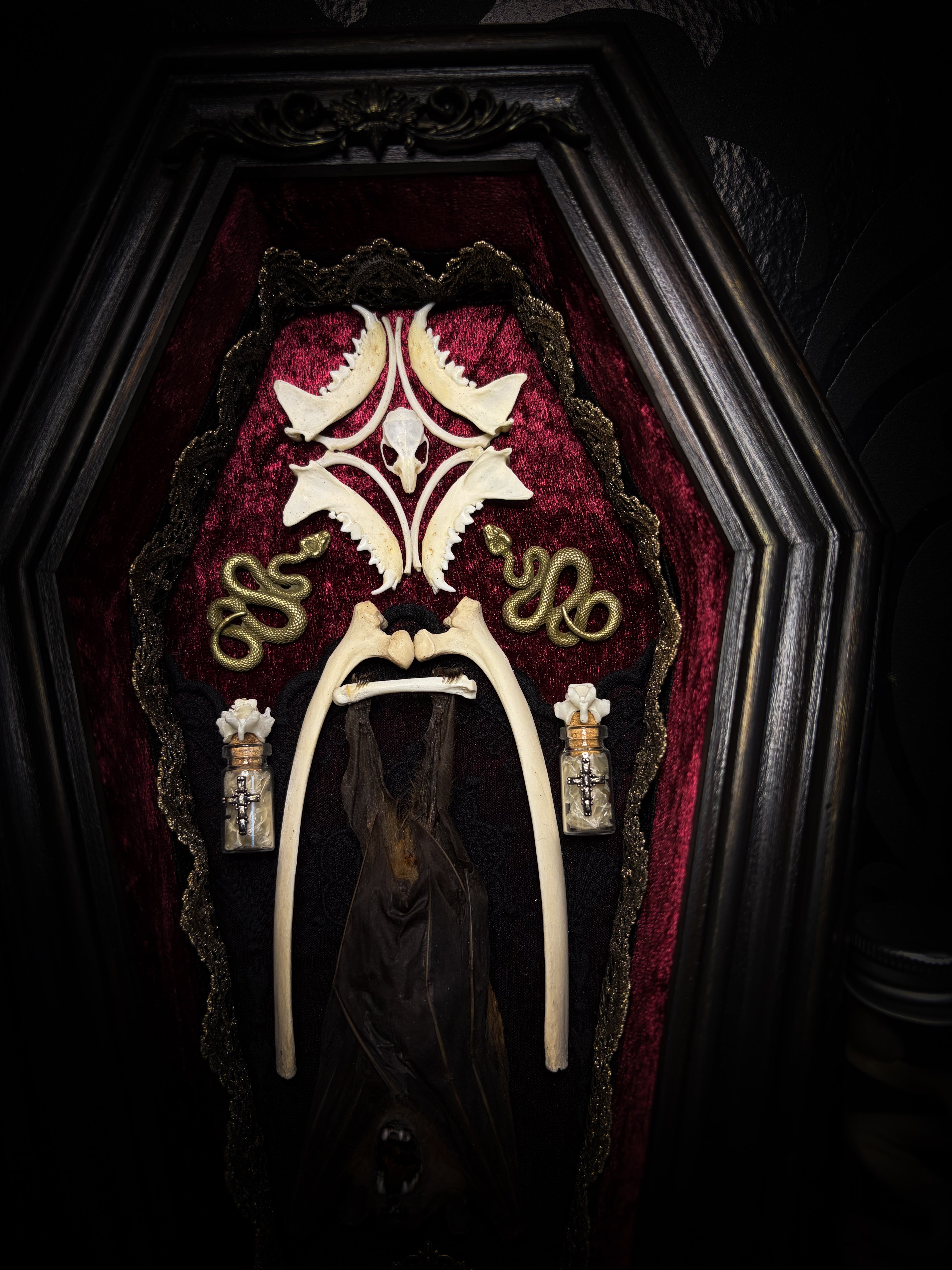 Bat Wooden Coffins — handmade gothic coffin shadowbox, made to order. Handbuilt wooden coffin frame with bat specimen, velvet background, ornate decorations and ritual details. Dark gothic wall and altar decor, made from scratch.
