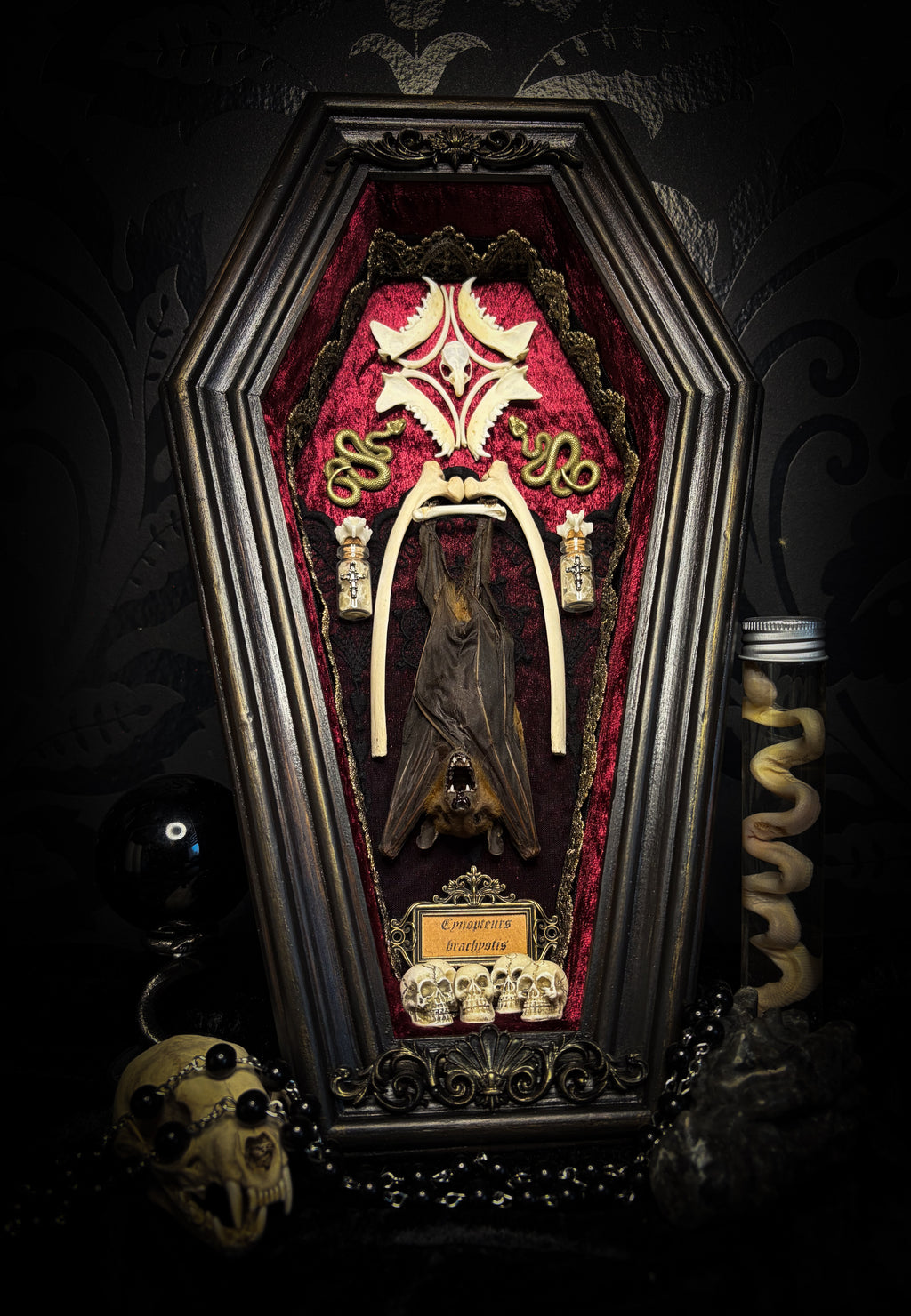 Bat Wooden Coffins — handmade gothic coffin shadowbox, made to order. Handbuilt wooden coffin frame with bat specimen, velvet background, ornate decorations and ritual details. Dark gothic wall and altar decor, made from scratch.
