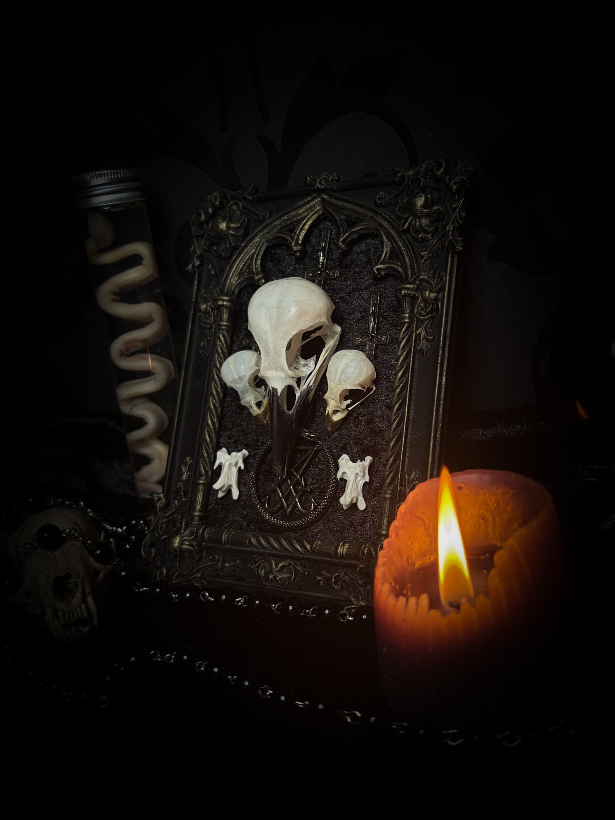 Morning Star — one-of-a-kind handmade gothic tracery frame in matte black and gold, with two bird skulls, a crow skull, the sigil of Lucifer and three inverted crosses on black velvet
