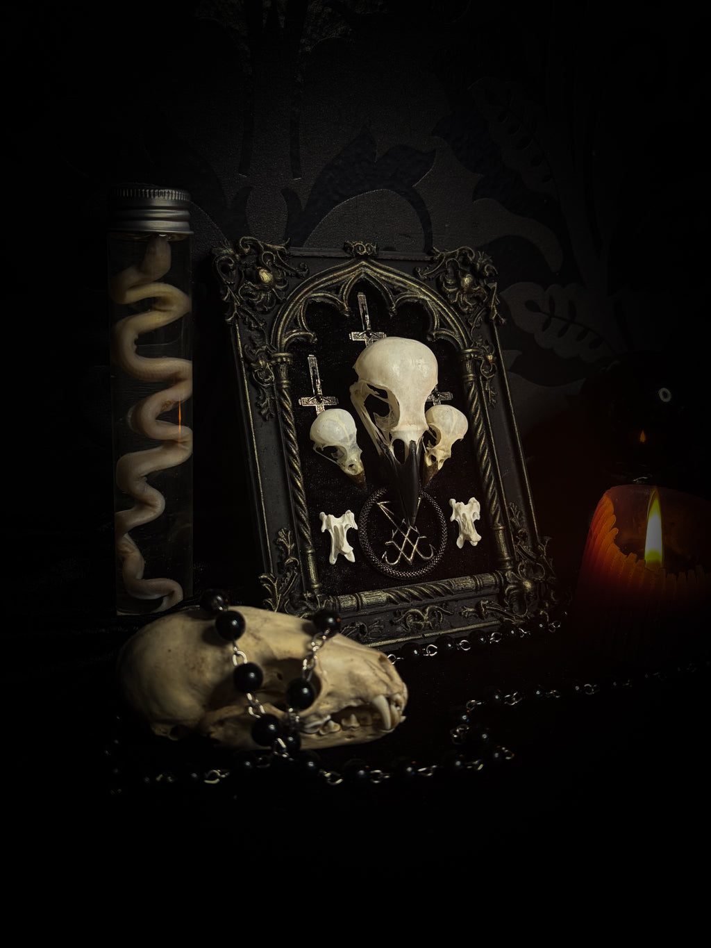 Morning Star — one-of-a-kind handmade gothic tracery frame in matte black and gold, with two bird skulls, a crow skull, the sigil of Lucifer and three inverted crosses on black velvet
