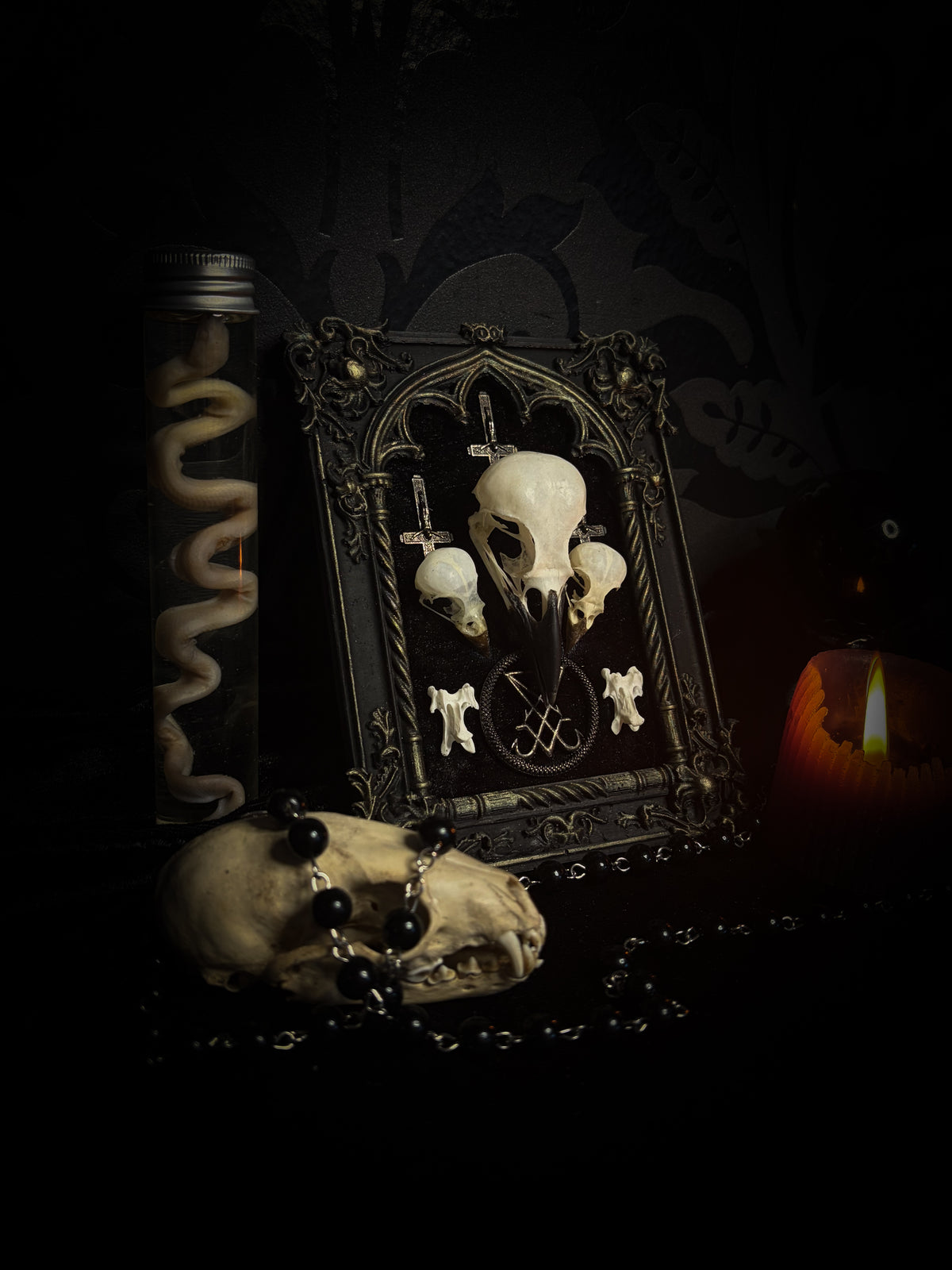 Morning Star — one-of-a-kind handmade gothic tracery frame in matte black and gold, with two bird skulls, a crow skull, the sigil of Lucifer and three inverted crosses on black velvet
