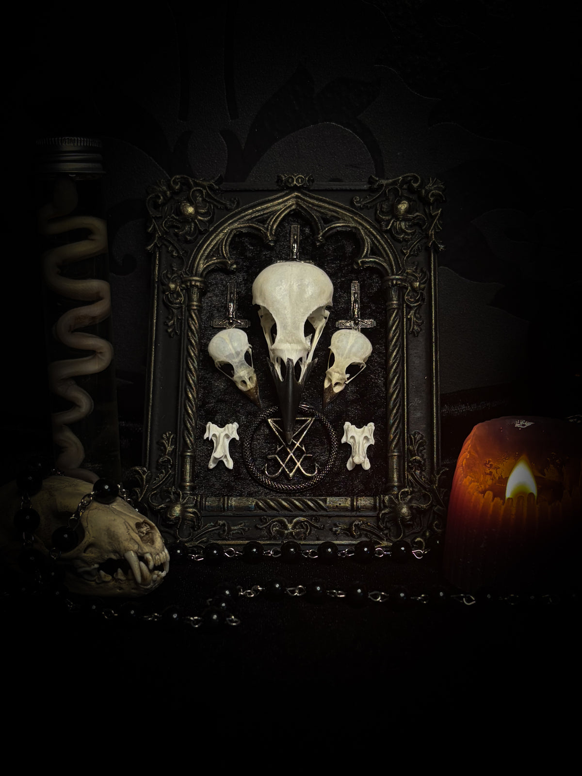 Morning Star — one-of-a-kind handmade gothic tracery frame in matte black and gold, with two bird skulls, a crow skull, the sigil of Lucifer and three inverted crosses on black velvet
