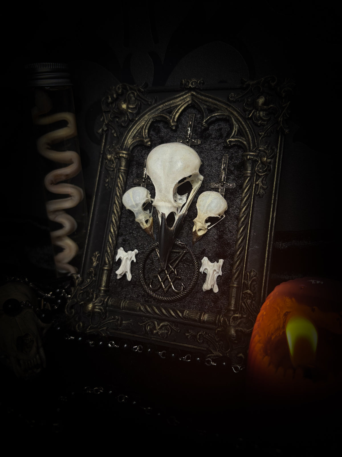 Morning Star — one-of-a-kind handmade gothic tracery frame in matte black and gold, with two bird skulls, a crow skull, the sigil of Lucifer and three inverted crosses on black velvet
