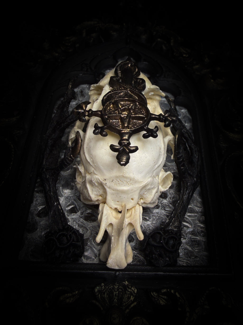 Unholy Hare — one-of-a-kind handmade gothic tracery frame with a real rabbit skull on snake skin, painted dove feet with gilded claws, a gold cross with pentagram and serpent, and a ring of marten fur
