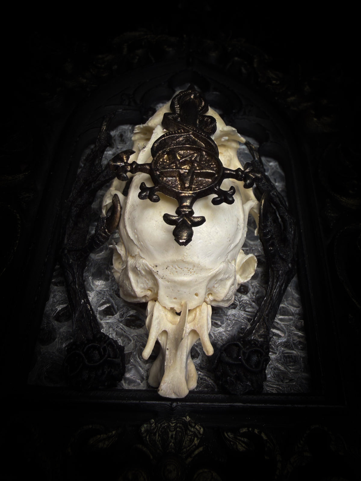 Unholy Hare — one-of-a-kind handmade gothic tracery frame with a real rabbit skull on snake skin, painted dove feet with gilded claws, a gold cross with pentagram and serpent, and a ring of marten fur
