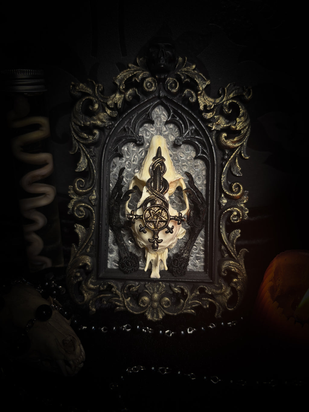 Unholy Hare — one-of-a-kind handmade gothic tracery frame with a real rabbit skull on snake skin, painted dove feet with gilded claws, a gold cross with pentagram and serpent, and a ring of marten fur
