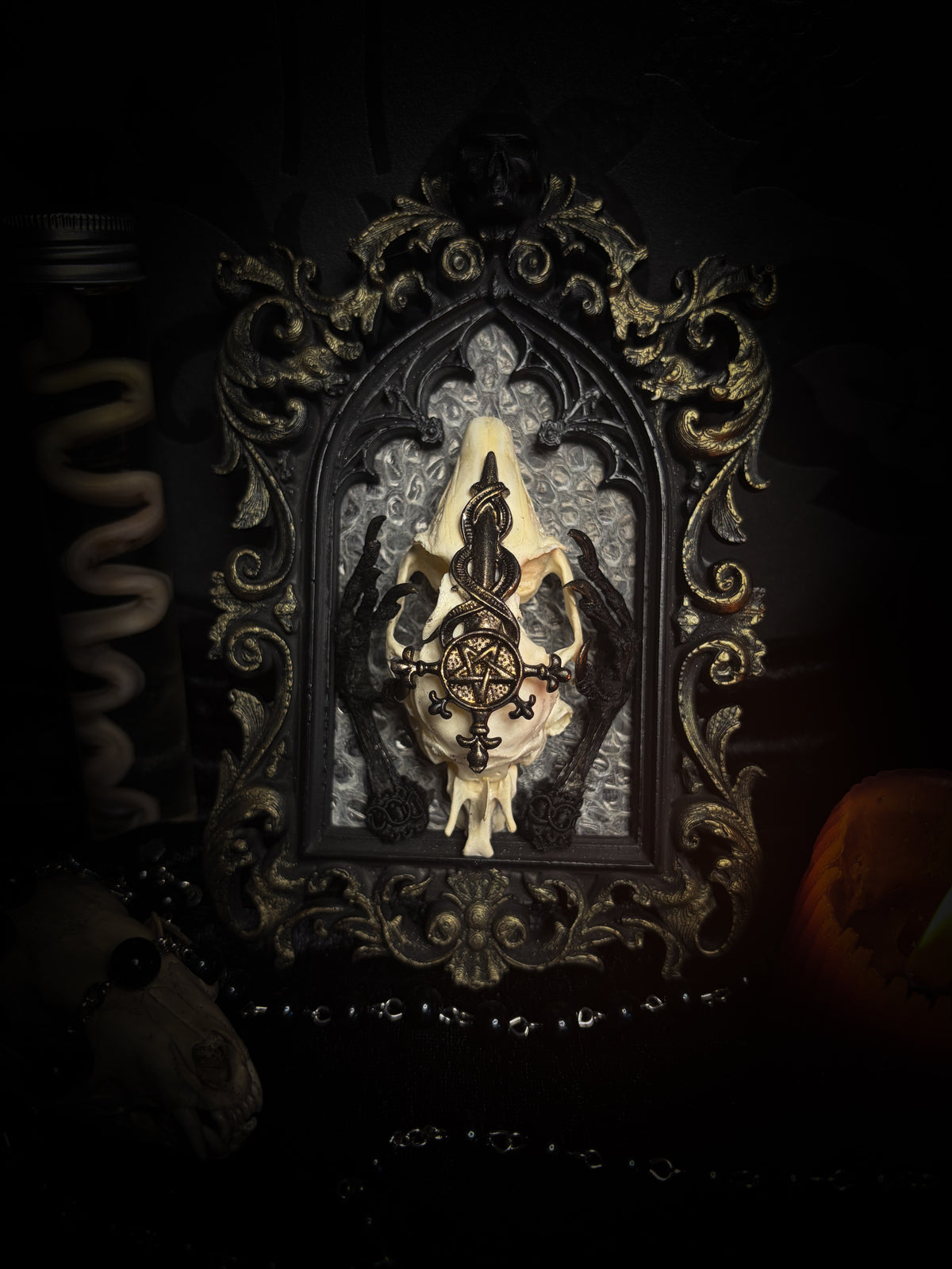 Unholy Hare — one-of-a-kind handmade gothic tracery frame with a real rabbit skull on snake skin, painted dove feet with gilded claws, a gold cross with pentagram and serpent, and a ring of marten fur
