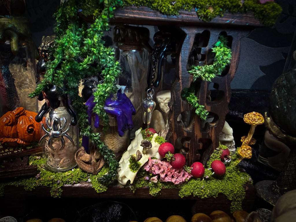 Faun of the Forest | Woodland — handmade gothic cabinet with skeletal rat, hand-carved horns, real wings, glass vials with snake skin, tarantula molt, preserved lizard, deer teeth and crystals, moss and mushrooms, 22x17cm