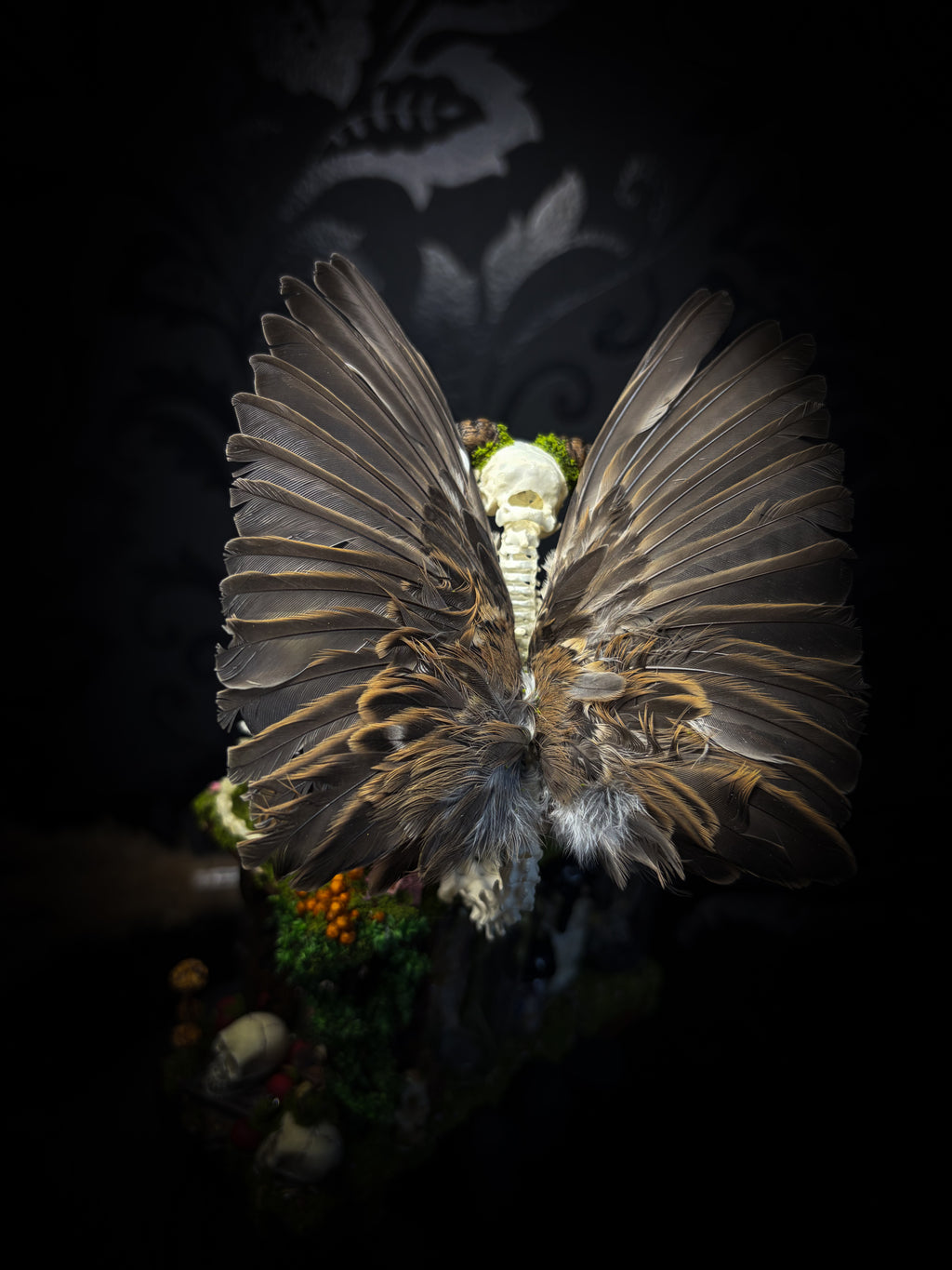 Faun of the Forest | Woodland — handmade gothic cabinet with skeletal rat, hand-carved horns, real wings, glass vials with snake skin, tarantula molt, preserved lizard, deer teeth and crystals, moss and mushrooms, 22x17cm