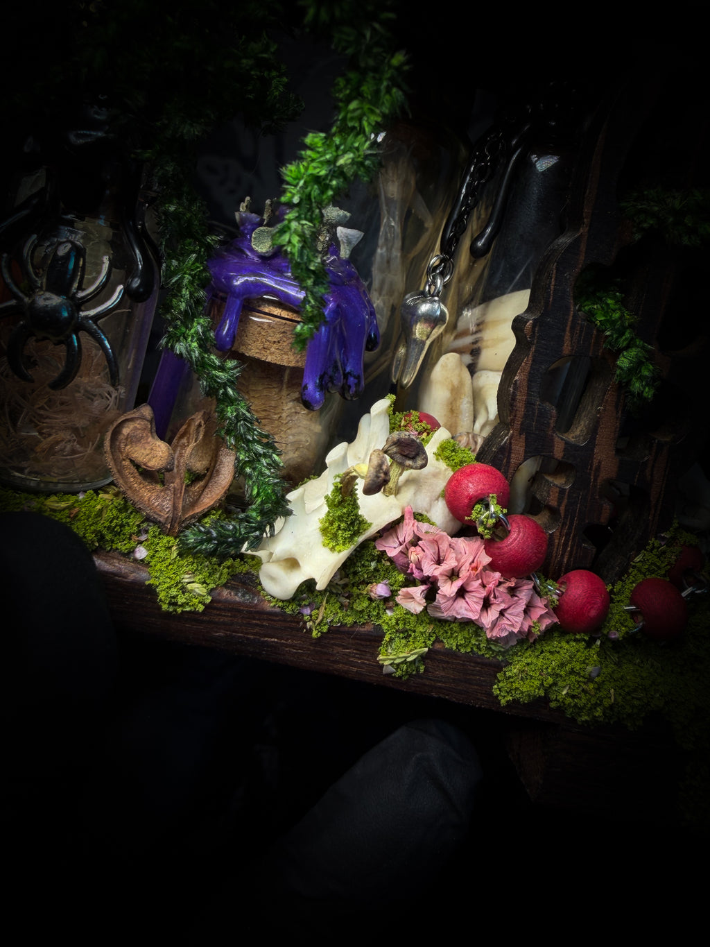 Faun of the Forest | Woodland — handmade gothic cabinet with skeletal rat, hand-carved horns, real wings, glass vials with snake skin, tarantula molt, preserved lizard, deer teeth and crystals, moss and mushrooms, 22x17cm