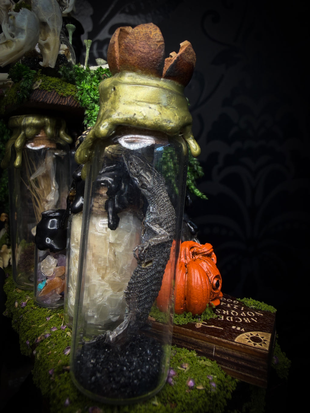 Faun of the Forest | Woodland — handmade gothic cabinet with skeletal rat, hand-carved horns, real wings, glass vials with snake skin, tarantula molt, preserved lizard, deer teeth and crystals, moss and mushrooms, 22x17cm