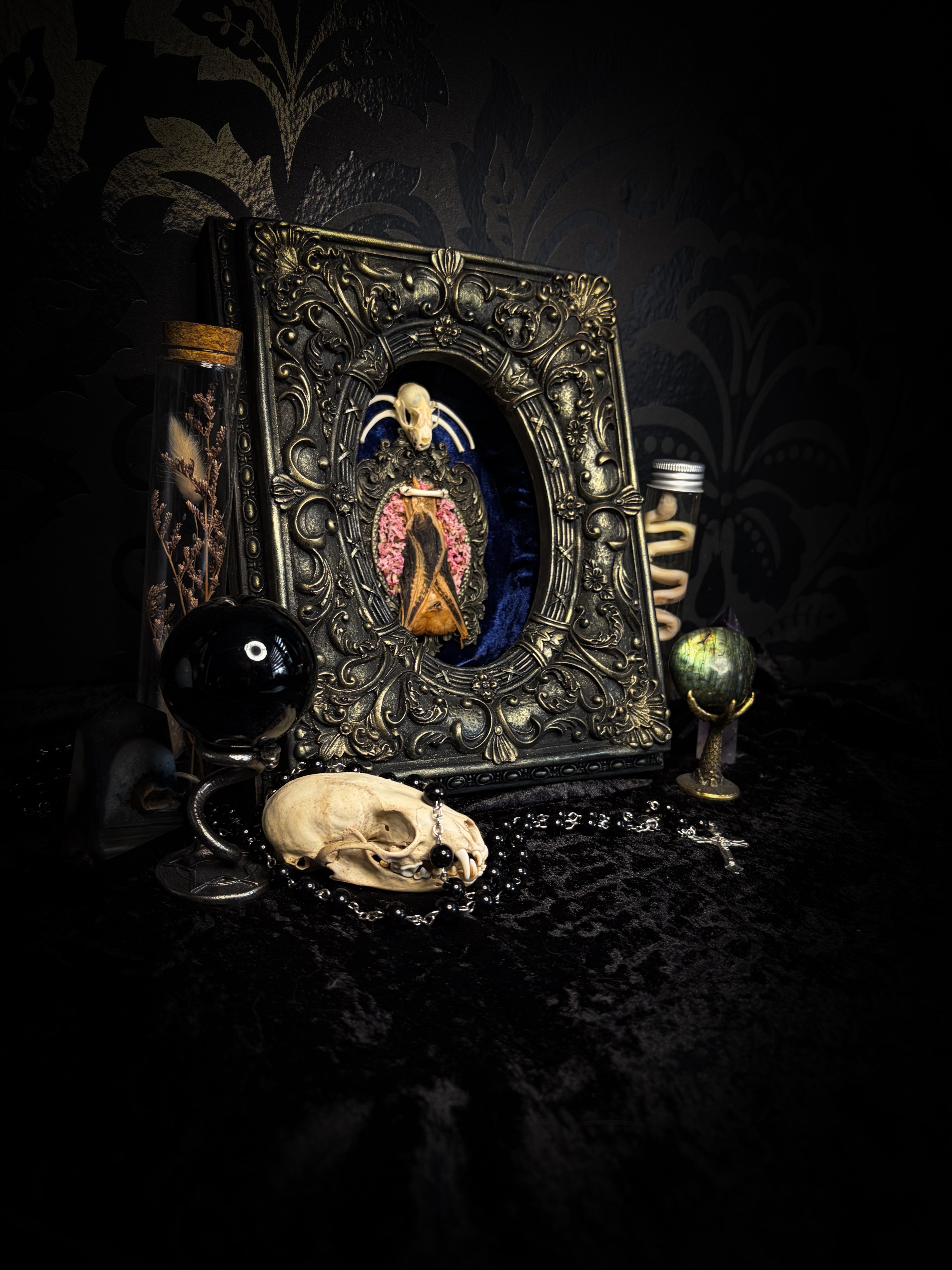 Floral Delight | Bats — handmade gothic wall decor with real preserved bat, bat skull, bone ribs, deep pink preserved flowers on navy velvet in aged hand-cast ornamental frame with glass, 25x19cm