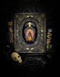Floral Delight | Bats — handmade gothic wall decor with real preserved bat, bat skull, bone ribs, deep pink preserved flowers on navy velvet in aged hand-cast ornamental frame with glass, 25x19cm