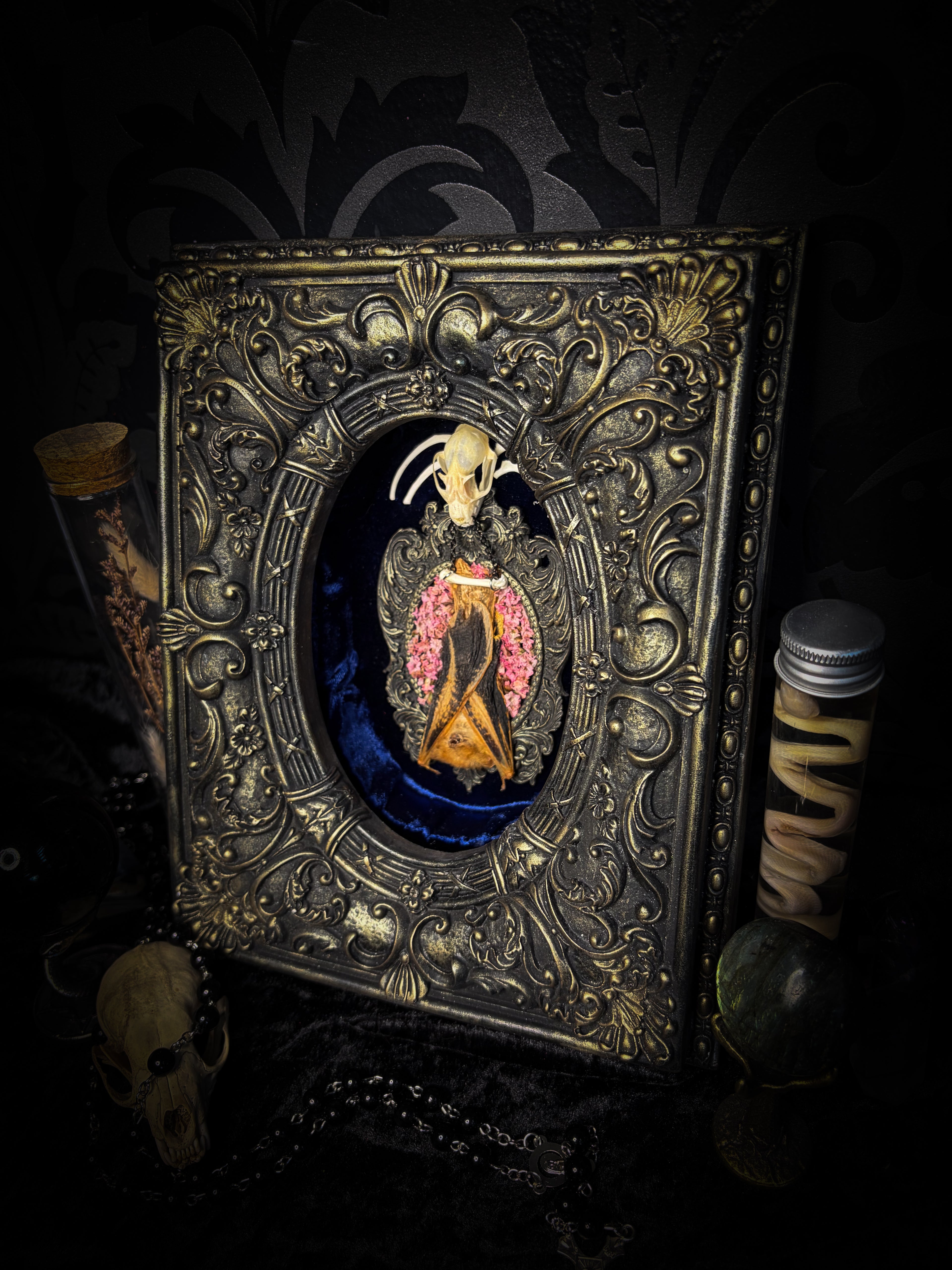 Floral Delight | Bats — handmade gothic wall decor with real preserved bat, bat skull, bone ribs, deep pink preserved flowers on navy velvet in aged hand-cast ornamental frame with glass, 25x19cm