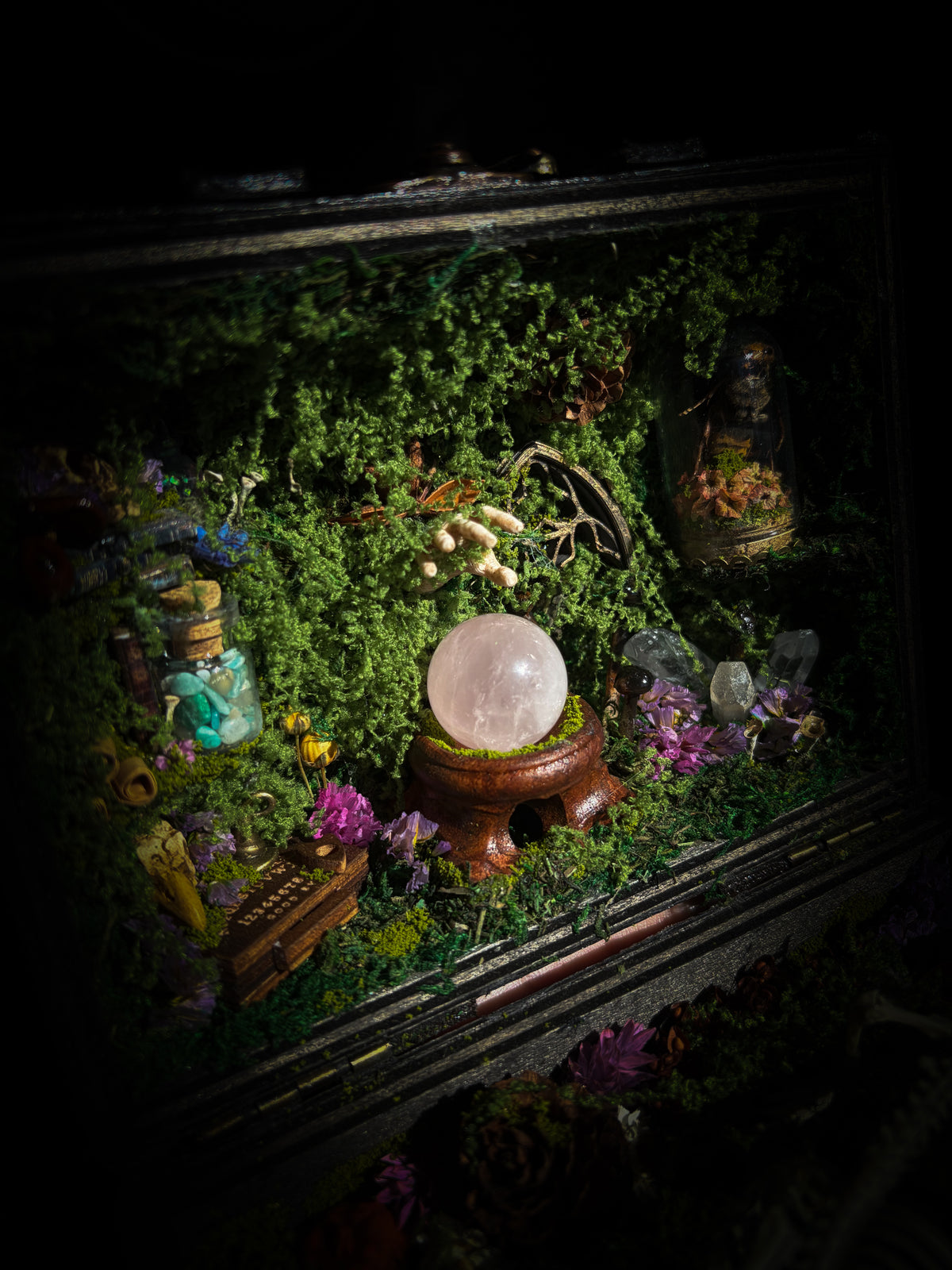 Peculiar Alchemist — one-of-a-kind handmade witchy fairycore reliquary in a hand-stained wooden cabinet with a mole skeleton, preserved hornet, rose quartz orb, turquoise, miniature books, moss and alchemical curiosities.