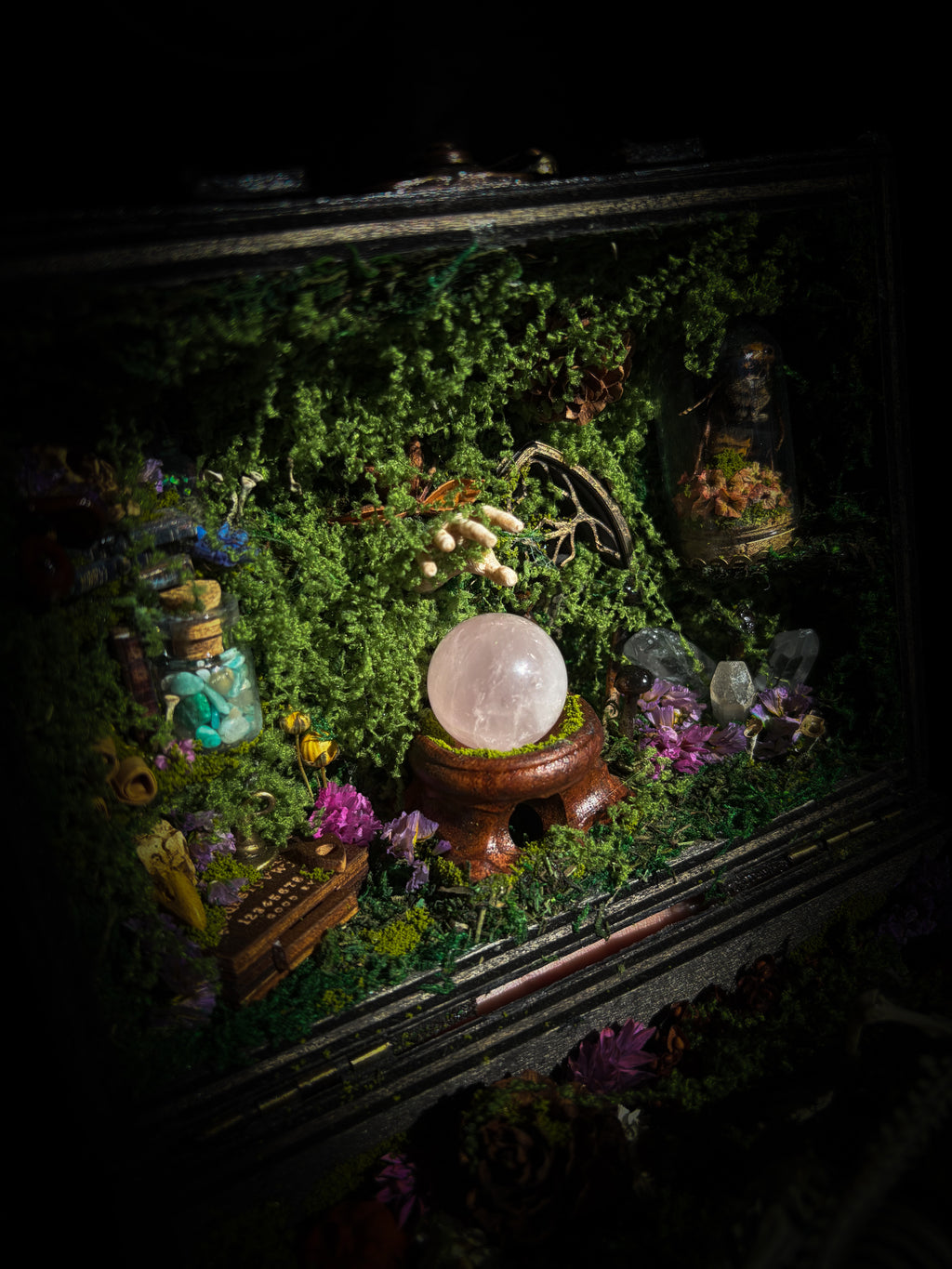 Peculiar Alchemist — one-of-a-kind handmade witchy fairycore reliquary in a hand-stained wooden cabinet with a mole skeleton, preserved hornet, rose quartz orb, turquoise, miniature books, moss and alchemical curiosities.