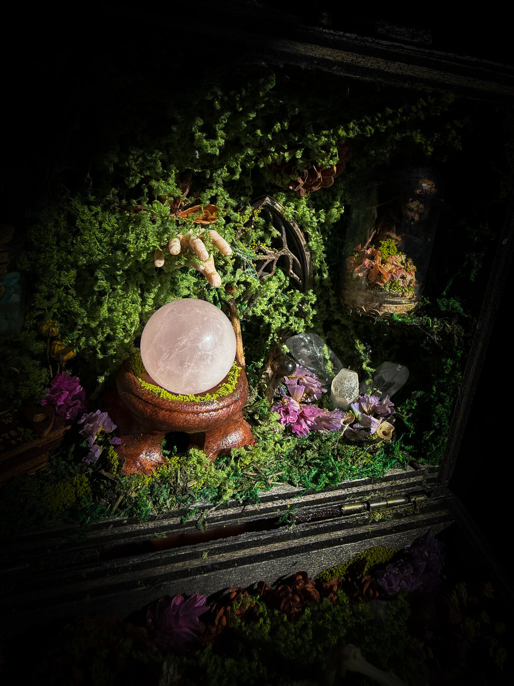 Peculiar Alchemist — one-of-a-kind handmade witchy fairycore reliquary in a hand-stained wooden cabinet with a mole skeleton, preserved hornet, rose quartz orb, turquoise, miniature books, moss and alchemical curiosities.