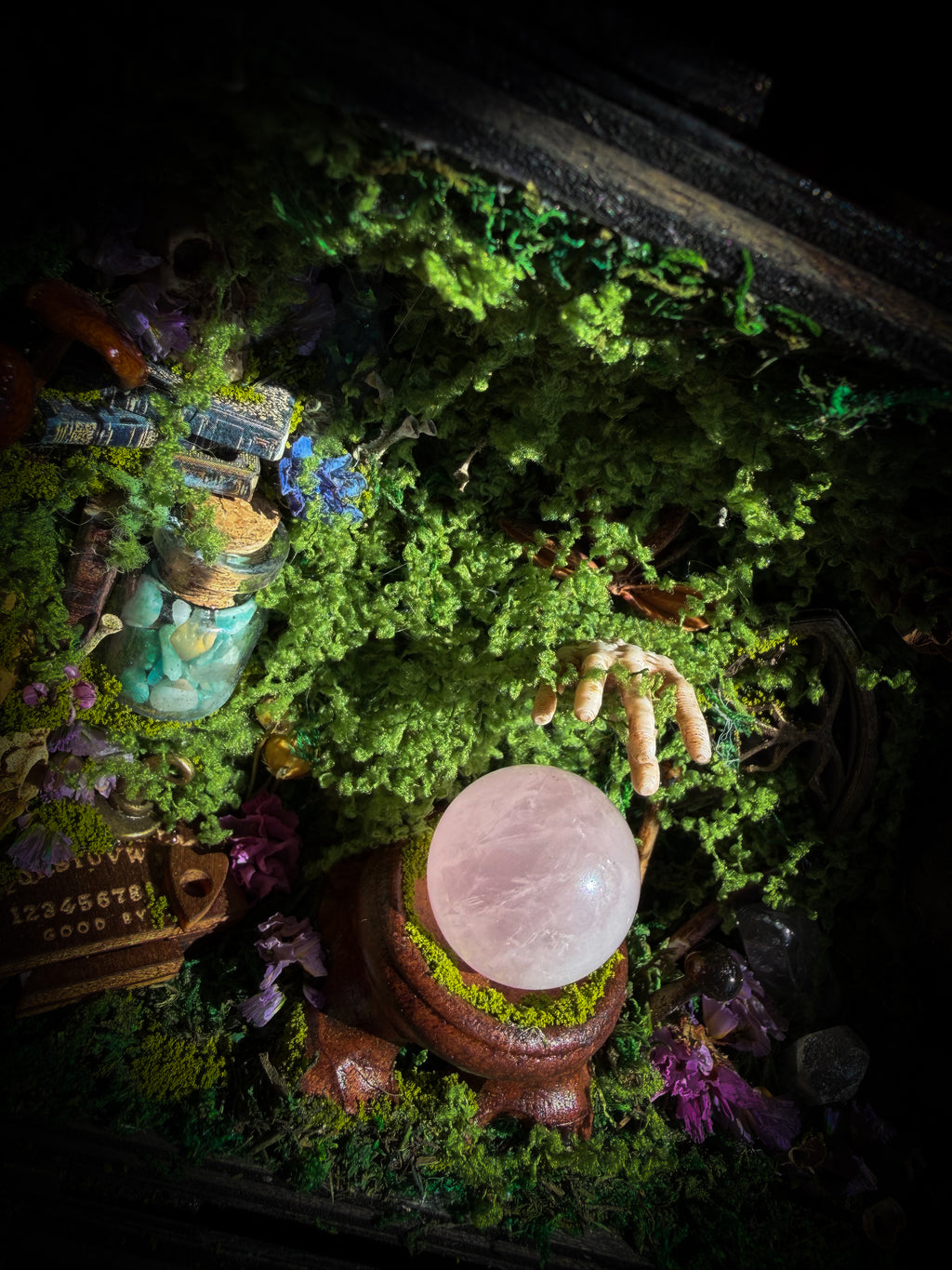 Peculiar Alchemist — one-of-a-kind handmade witchy fairycore reliquary in a hand-stained wooden cabinet with a mole skeleton, preserved hornet, rose quartz orb, turquoise, miniature books, moss and alchemical curiosities.