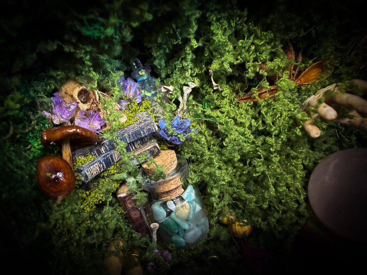 Peculiar Alchemist — one-of-a-kind handmade witchy fairycore reliquary in a hand-stained wooden cabinet with a mole skeleton, preserved hornet, rose quartz orb, turquoise, miniature books, moss and alchemical curiosities.