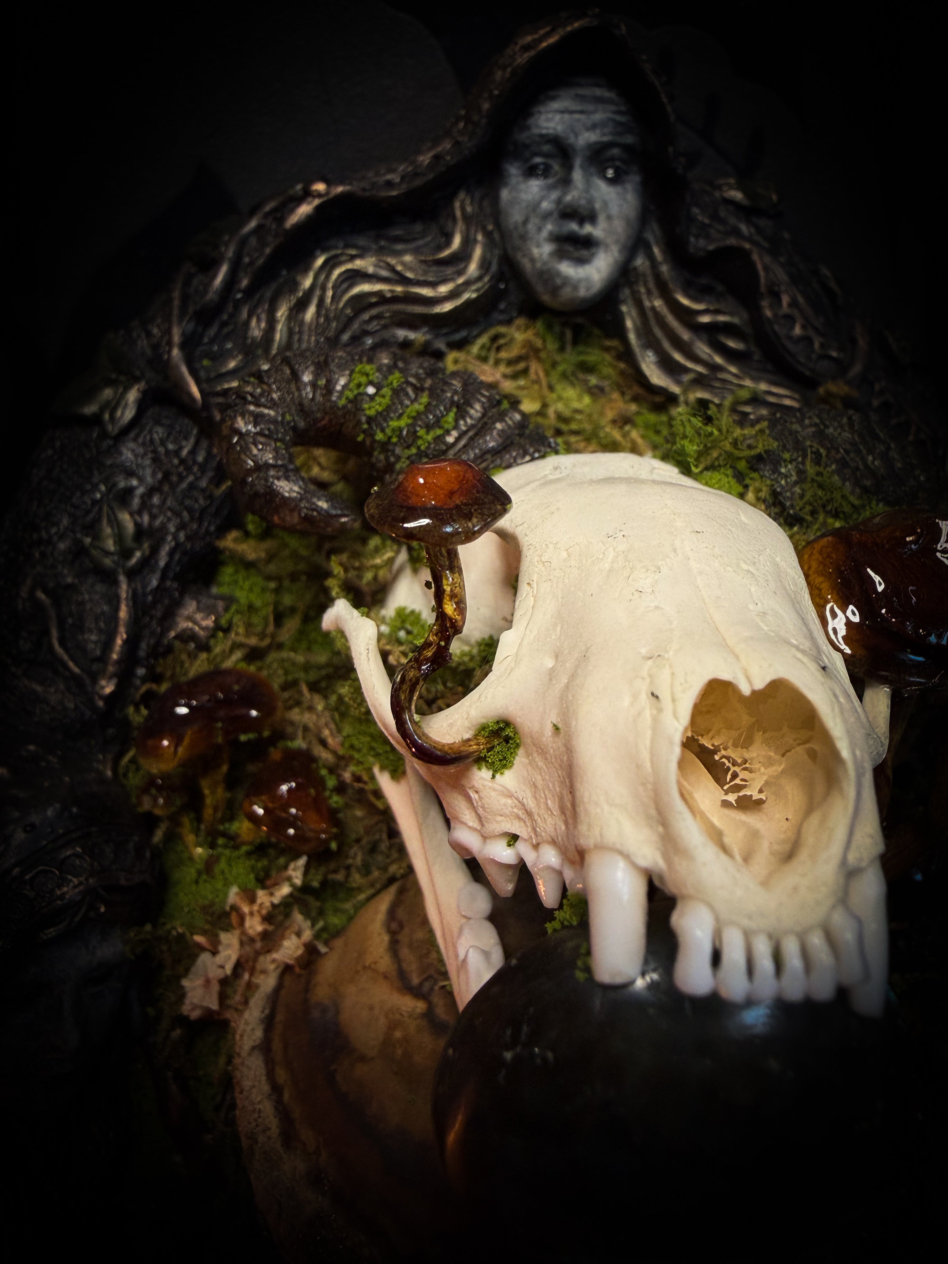 Forest Faun Calio | Woodland — handmade gothic wall decor with real marten skull, hand-carved ram horns, labradorite, preserved bird feet, moss and mushrooms sealed in resin, aged hand-cast frame, 20x15cm