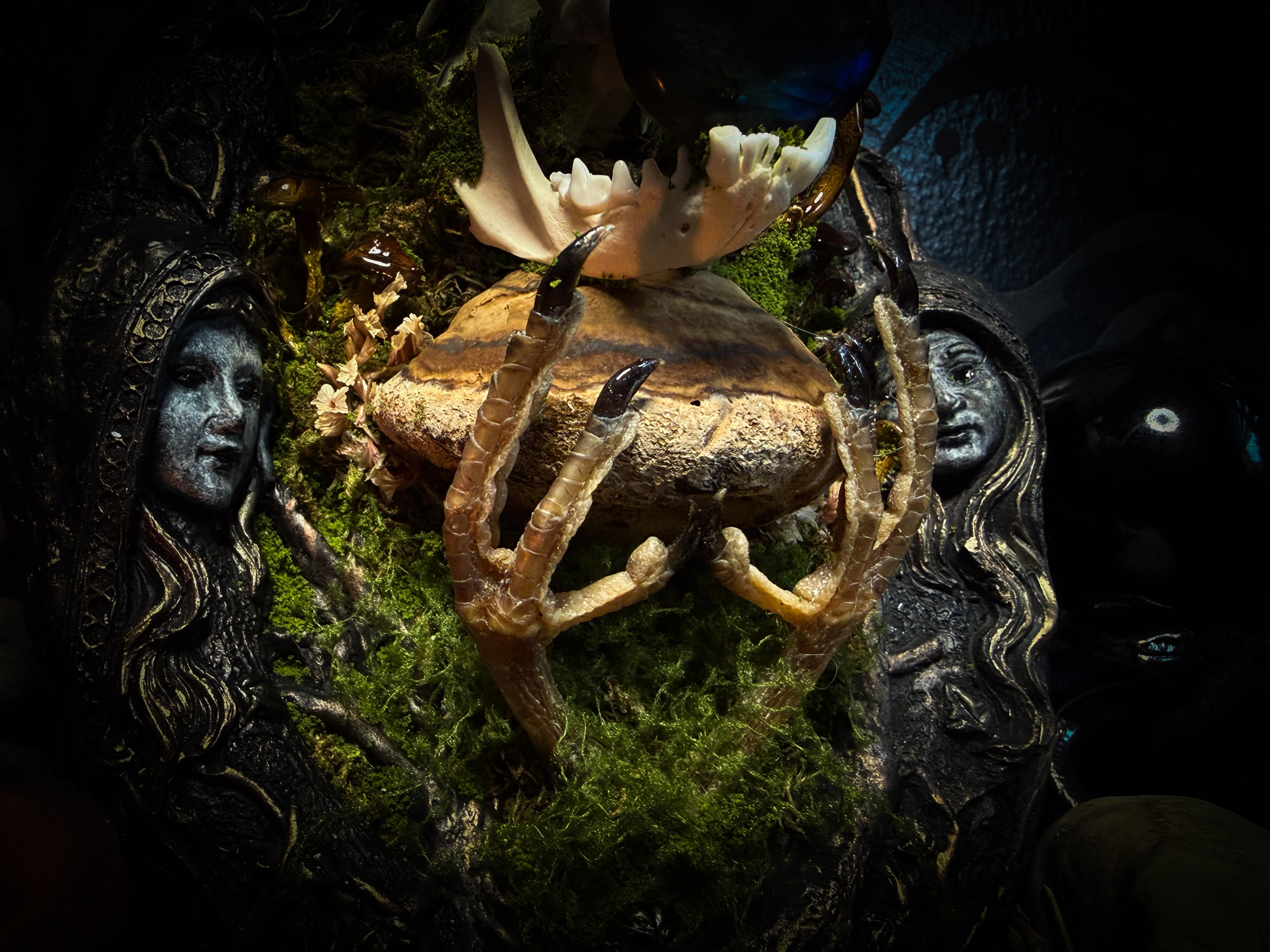Forest Faun Calio | Woodland — handmade gothic wall decor with real marten skull, hand-carved ram horns, labradorite, preserved bird feet, moss and mushrooms sealed in resin, aged hand-cast frame, 20x15cm