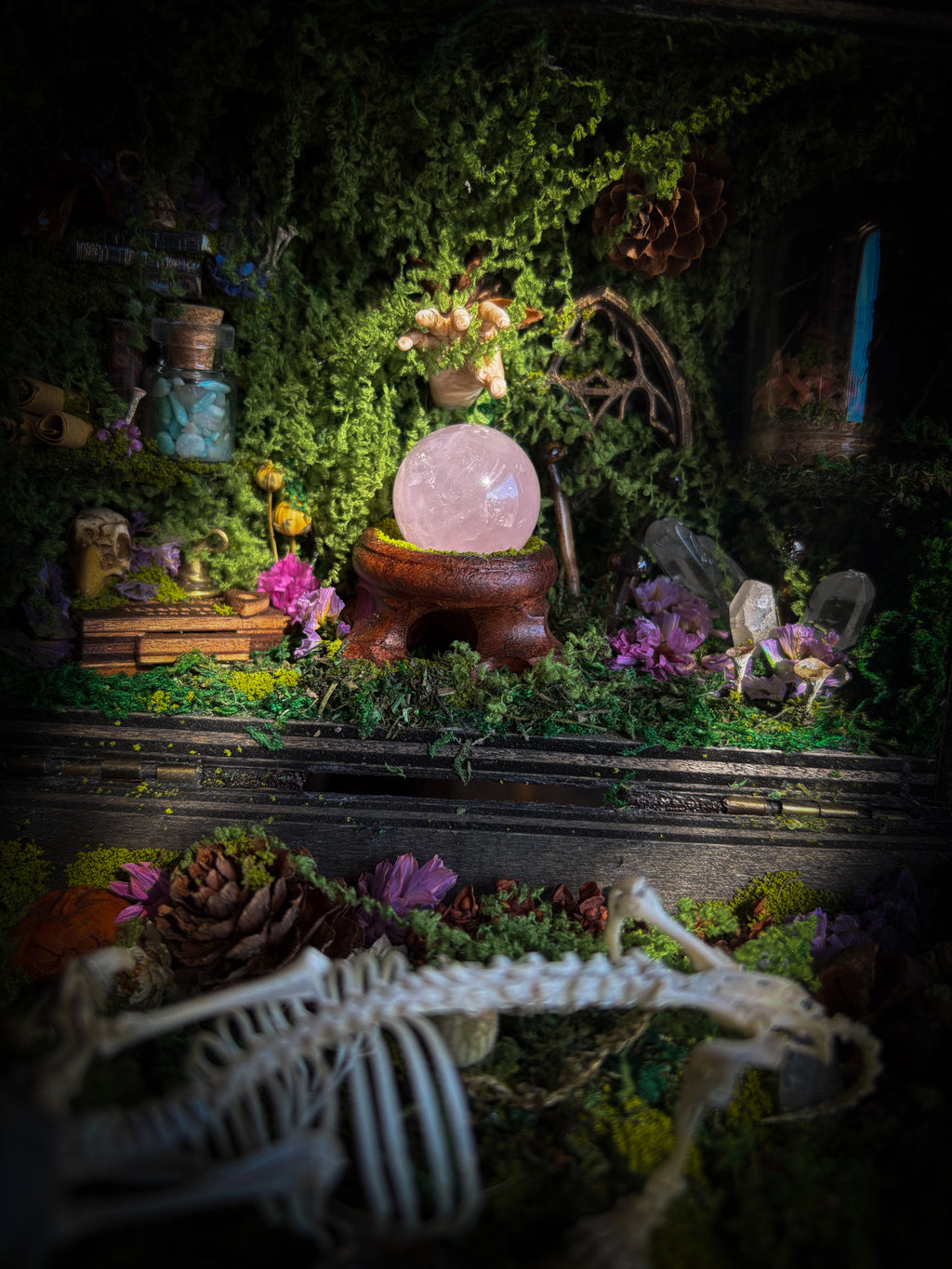 Peculiar Alchemist — one-of-a-kind handmade witchy fairycore reliquary in a hand-stained wooden cabinet with a mole skeleton, preserved hornet, rose quartz orb, turquoise, miniature books, moss and alchemical curiosities.
