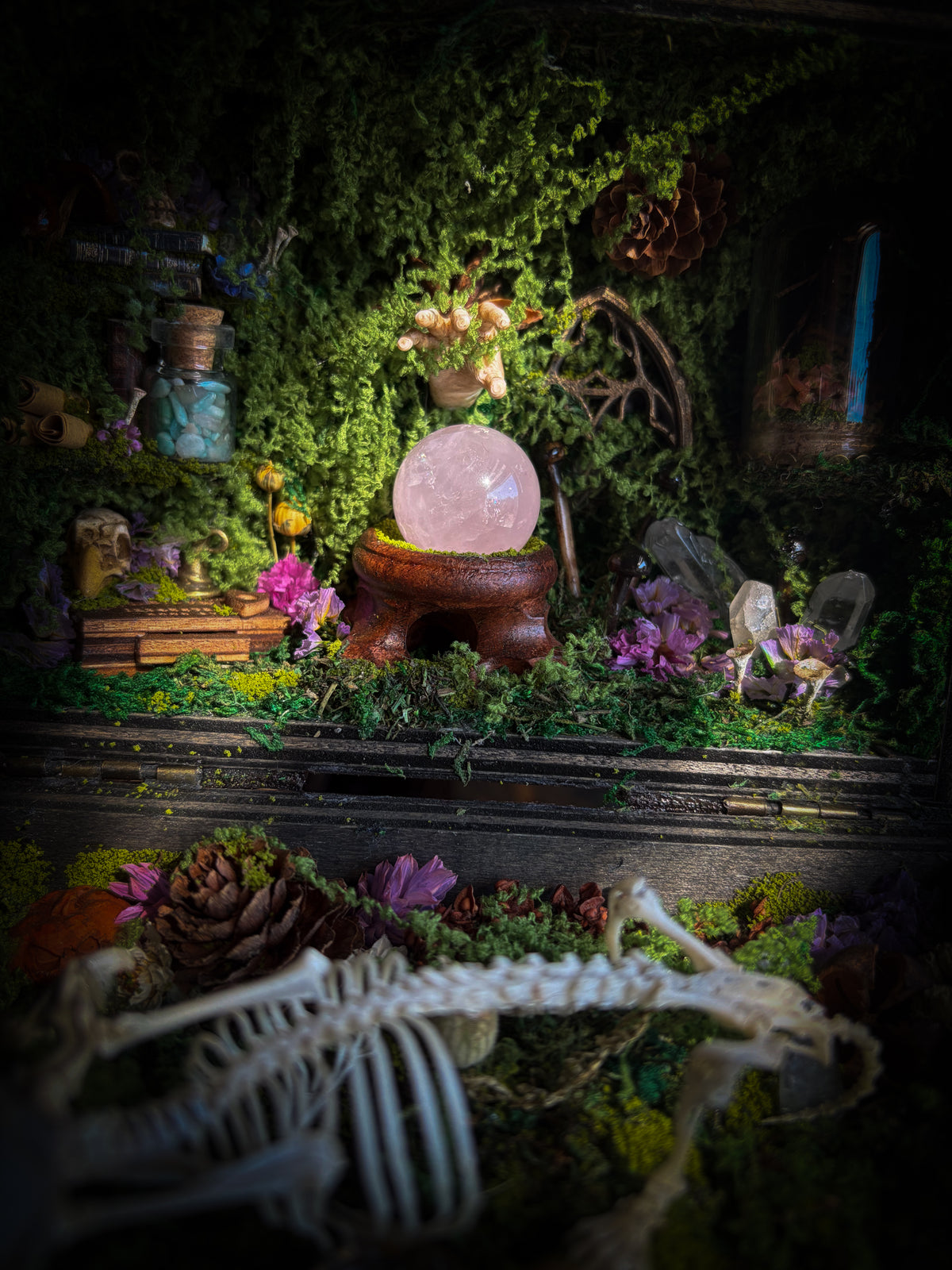 Peculiar Alchemist — one-of-a-kind handmade witchy fairycore reliquary in a hand-stained wooden cabinet with a mole skeleton, preserved hornet, rose quartz orb, turquoise, miniature books, moss and alchemical curiosities.