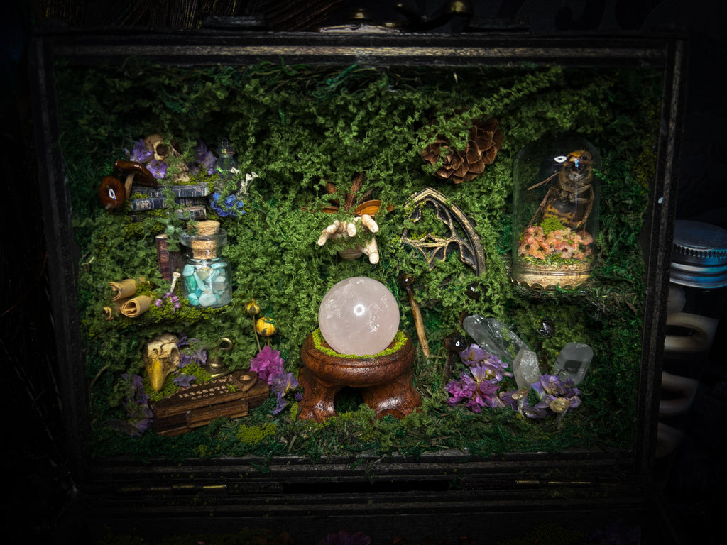 Peculiar Alchemist — one-of-a-kind handmade witchy fairycore reliquary in a hand-stained wooden cabinet with a mole skeleton, preserved hornet, rose quartz orb, turquoise, miniature books, moss and alchemical curiosities.