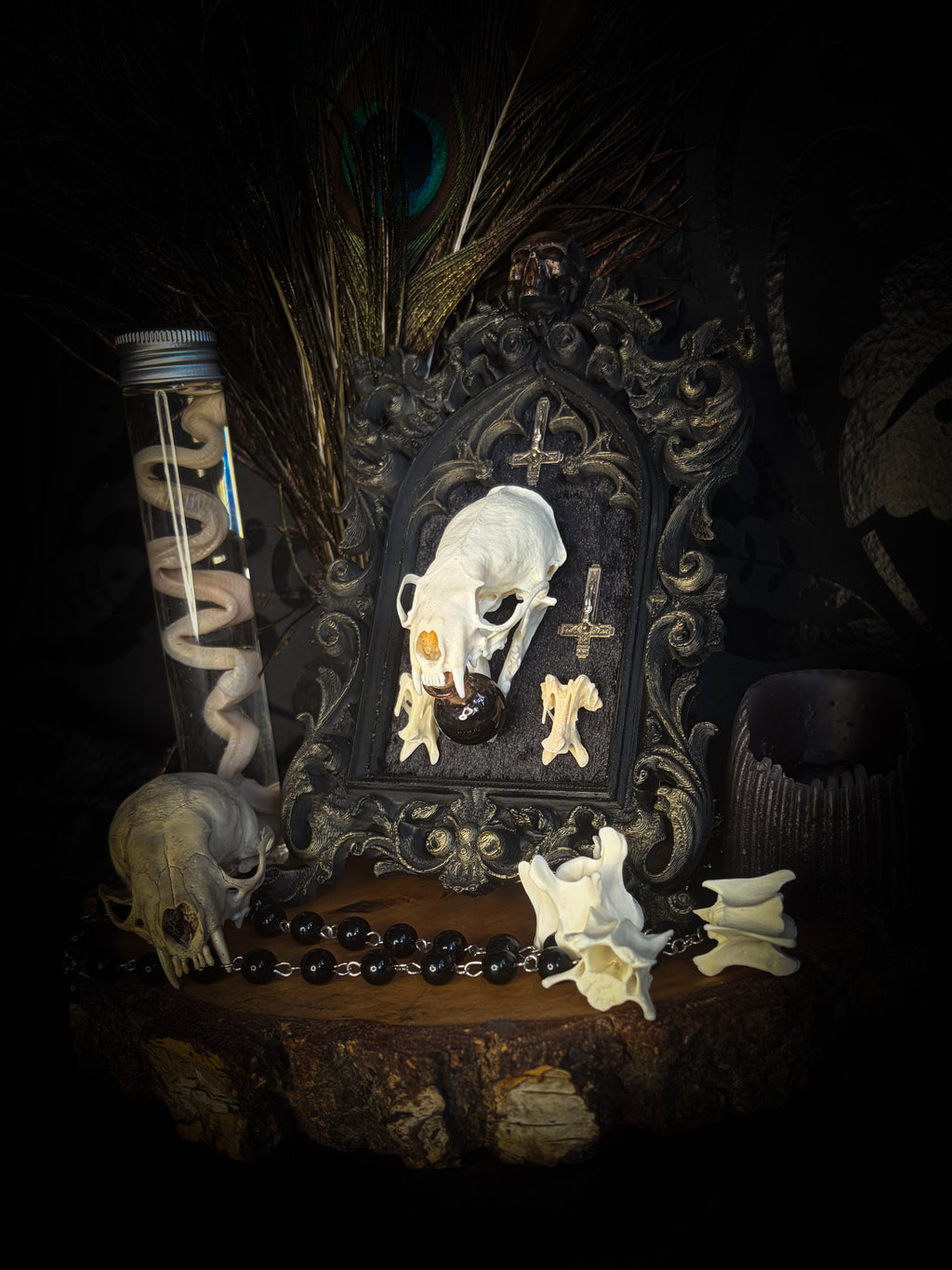 The Last Sacrament gothic frame with a mink skull, “blood” vial, two bird vertebrae and three inverted crosses on black velvet.