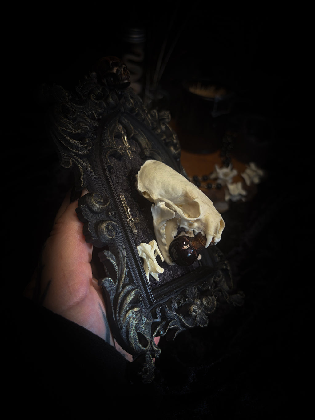 The Last Sacrament gothic frame with a mink skull, “blood” vial, two bird vertebrae and three inverted crosses on black velvet.