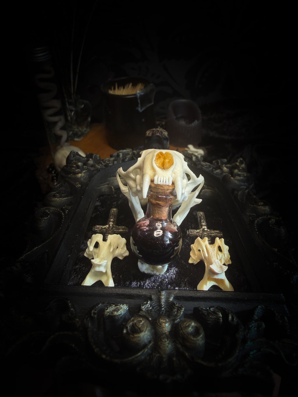 The Last Sacrament gothic frame with a mink skull, “blood” vial, two bird vertebrae and three inverted crosses on black velvet.