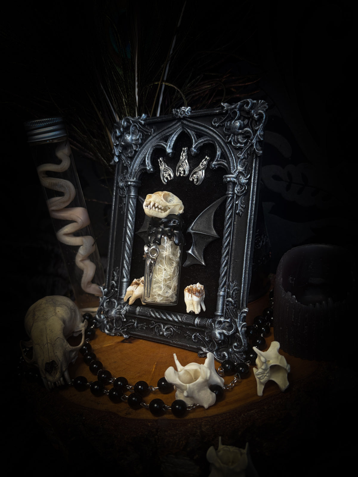 Vesper Vessel gothic black and silver frame with a bat skull, snake skin vial, vampire-style wings and roe deer teeth on black velvet.