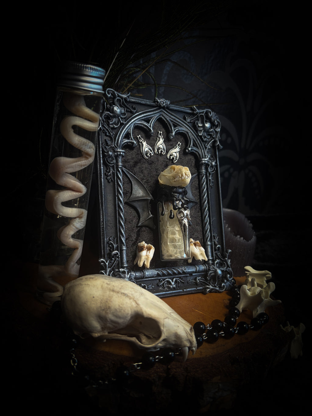 Vesper Vessel gothic black and silver frame with a bat skull, snake skin vial, vampire-style wings and roe deer teeth on black velvet.
