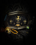 Crux Noctis: two-headed bat skeleton on velvet with a hand-cast painted cross, two small crucifixes and two vertebra-decorated crosses in a handmade shadowbox.