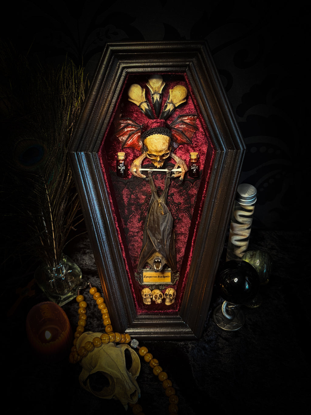 Sanguis Aeternus: mummified bat in a handmade wooden coffin with burgundy velvet, a hooded winged vampire skull, raven skull ornaments and decorative blood vials.

