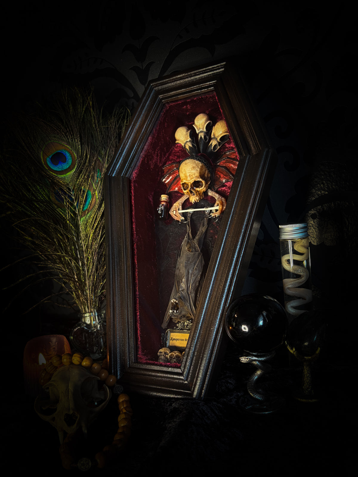 Sanguis Aeternus: mummified bat in a handmade wooden coffin with burgundy velvet, a hooded winged vampire skull, raven skull ornaments and decorative blood vials.

