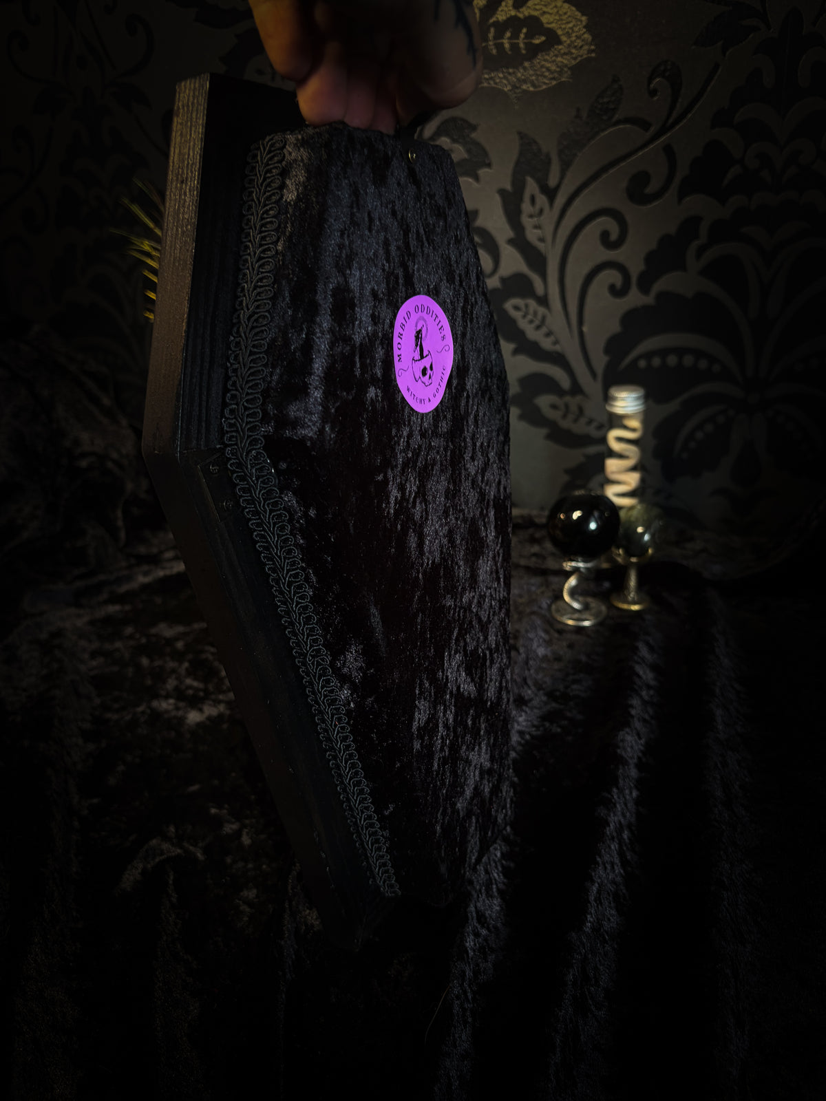 Sanguis Aeternus: mummified bat in a handmade wooden coffin with burgundy velvet, a hooded winged vampire skull, raven skull ornaments and decorative blood vials.

