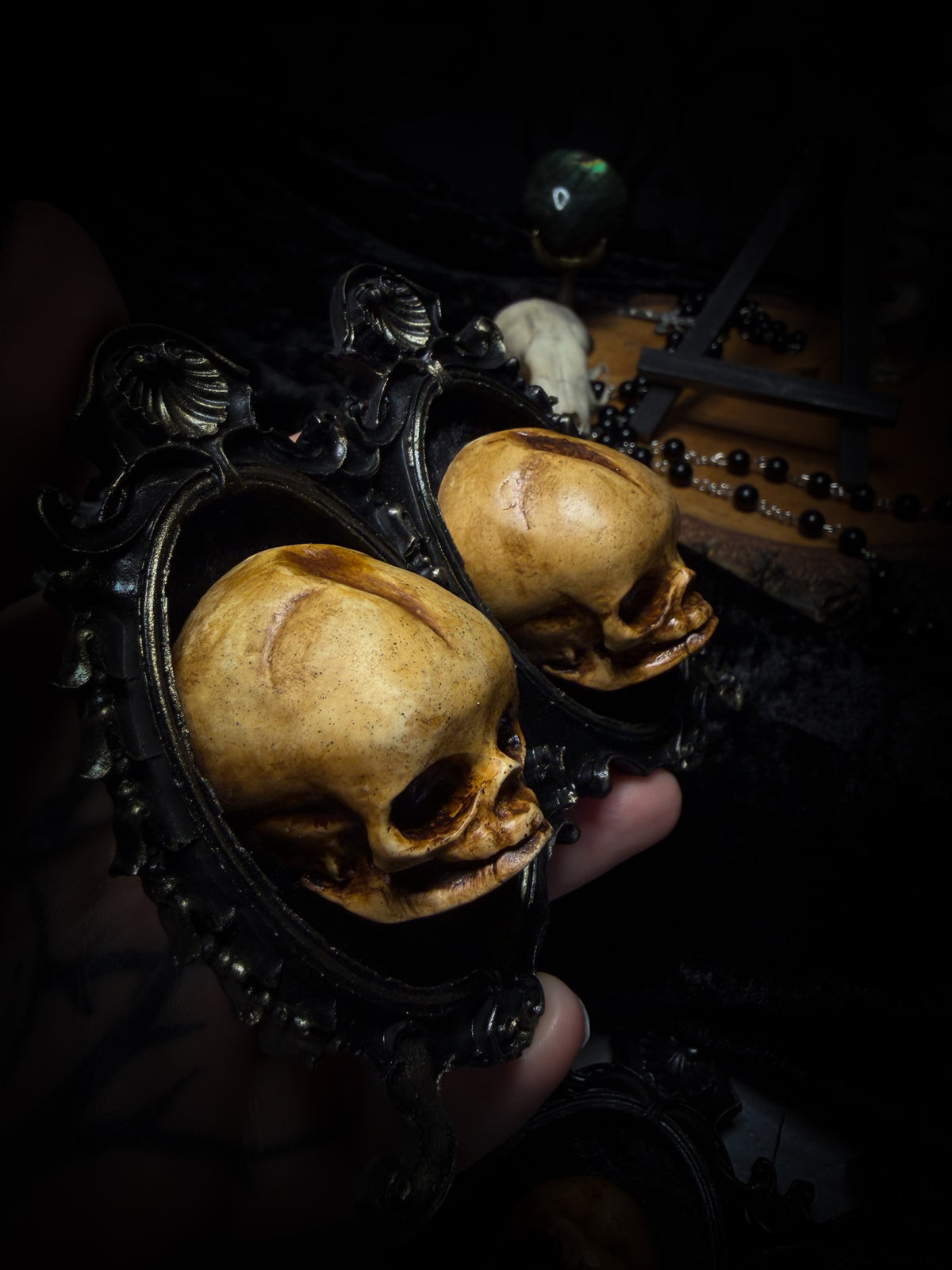 Kindred Remains by Morbid Oddities, two patinated newborn skull casts on black velvet in an ornate black double frame with golden detailing.