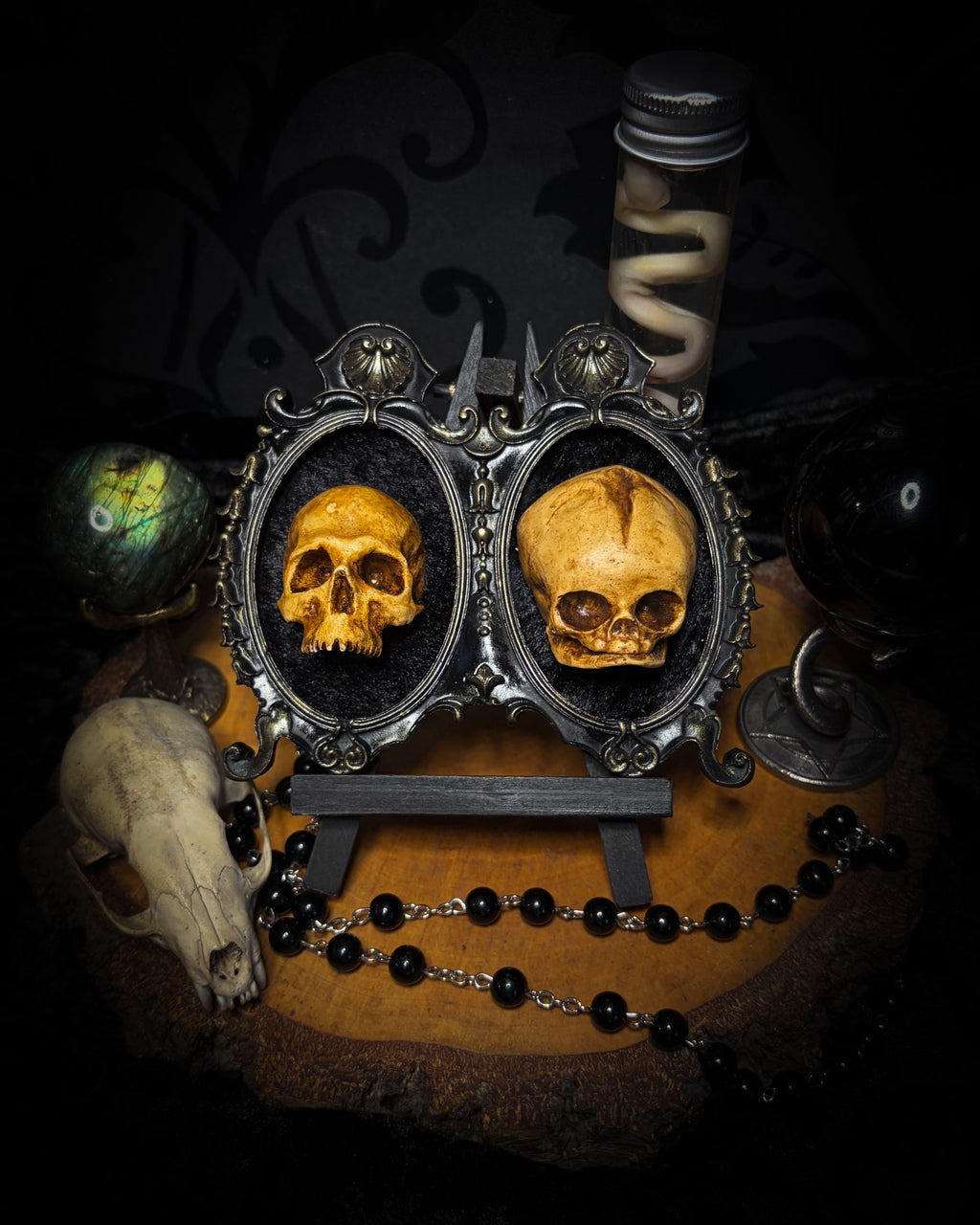 Kindred Remains by Morbid Oddities, one adult and one newborn patinated skull cast on black velvet in an ornate black double frame with metallic detailing.