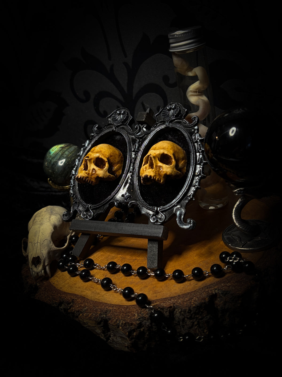 Ever After by Morbid Oddities, two patinated adult skull casts on black velvet in an ornate black double frame with silver detailing.