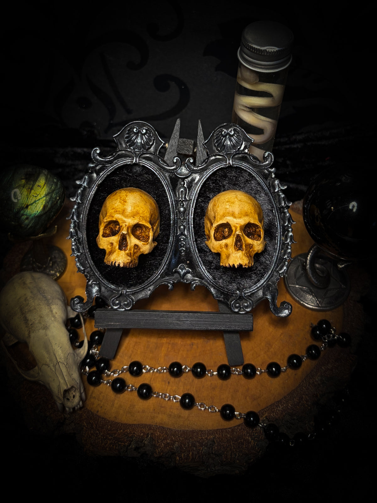 Kindred Remains by Morbid Oddities, a handmade gothic double frame with cast skulls on velvet, available with newborn skulls, adult skulls or a mixed pair