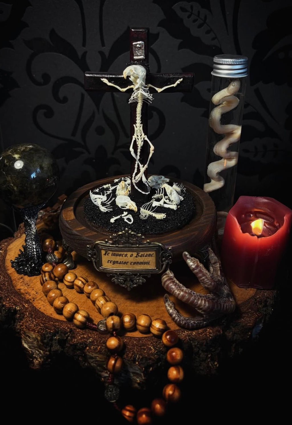 Crucifixa — handmade gothic glass dome display, made to order. Real mouse skeleton mounted on a cross under glass cloche on wooden base with occult elements, decorative bones and skeletal details. Dark ritual shrine decor.