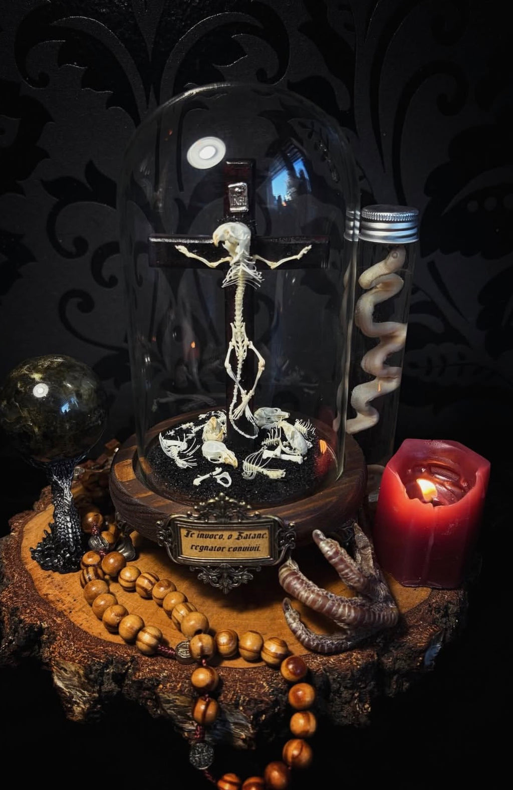 Crucifixa — handmade gothic glass dome display, made to order. Real mouse skeleton mounted on a cross under glass cloche on wooden base with occult elements, decorative bones and skeletal details. Dark ritual shrine decor.