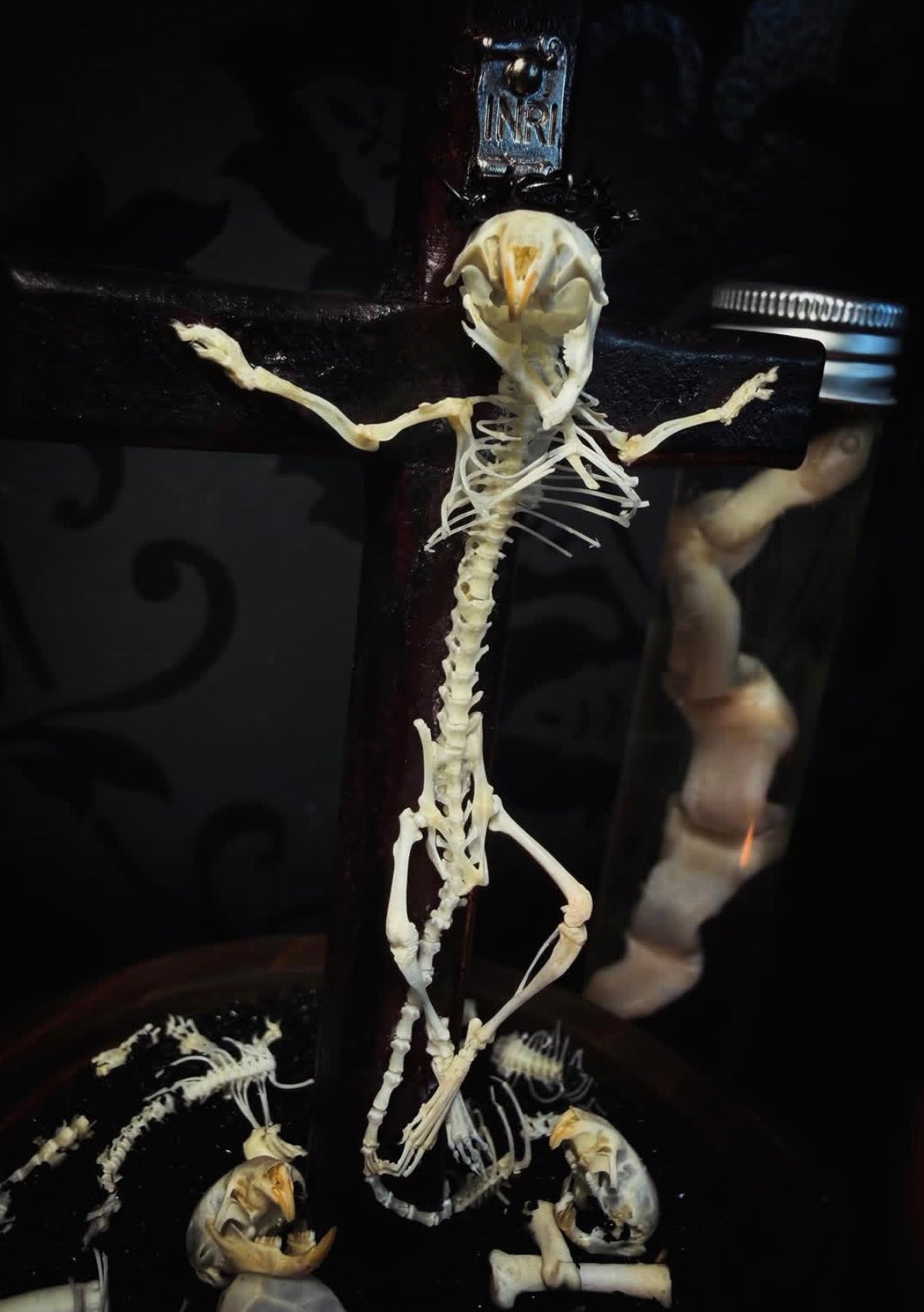 Crucifixa — handmade gothic glass dome display, made to order. Real mouse skeleton mounted on a cross under glass cloche on wooden base with occult elements, decorative bones and skeletal details. Dark ritual shrine decor.