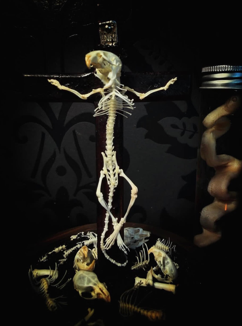 Crucifixa — handmade gothic glass dome display, made to order. Real mouse skeleton mounted on a cross under glass cloche on wooden base with occult elements, decorative bones and skeletal details. Dark ritual shrine decor.