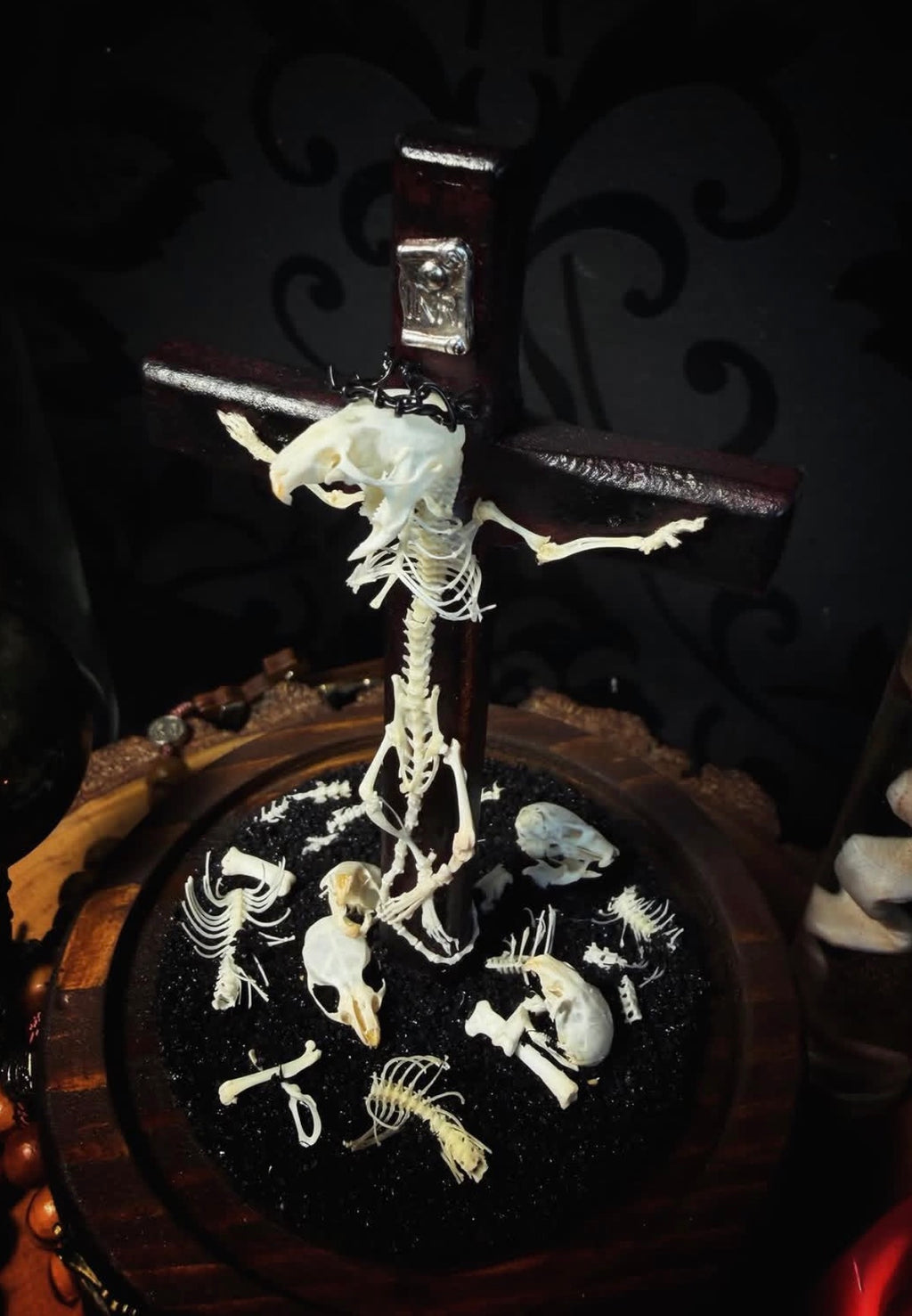 Crucifixa — handmade gothic glass dome display, made to order. Real mouse skeleton mounted on a cross under glass cloche on wooden base with occult elements, decorative bones and skeletal details. Dark ritual shrine decor.