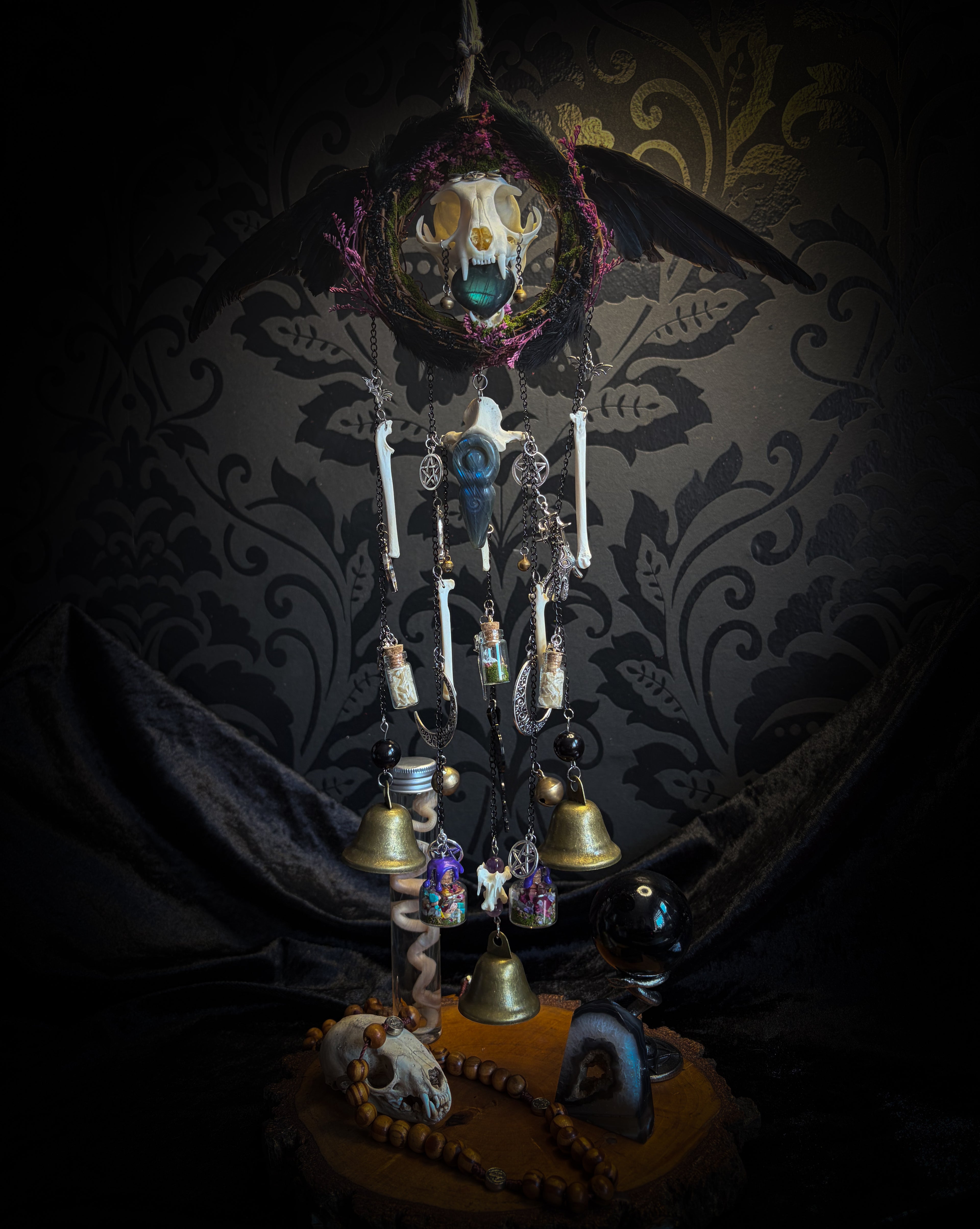 Witch Bell — handmade protective witch bells, made to order. Unique ritual charm with metal bells, bones and symbolic elements, designed for doorways, altars and ritual spaces. Handcrafted occult decor by Morbid Oddities